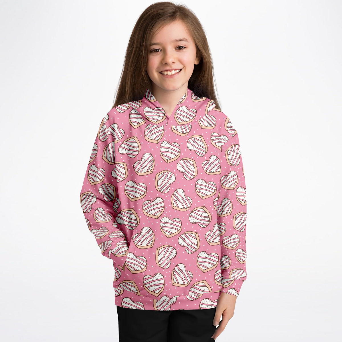 Girls Pink Heart Cookie Hoodie – Ultra Comfy & Stretchy, Cozy Fleece or Lightweight Sports Fabric, Double-Layer Hood & Kangaroo Pocket