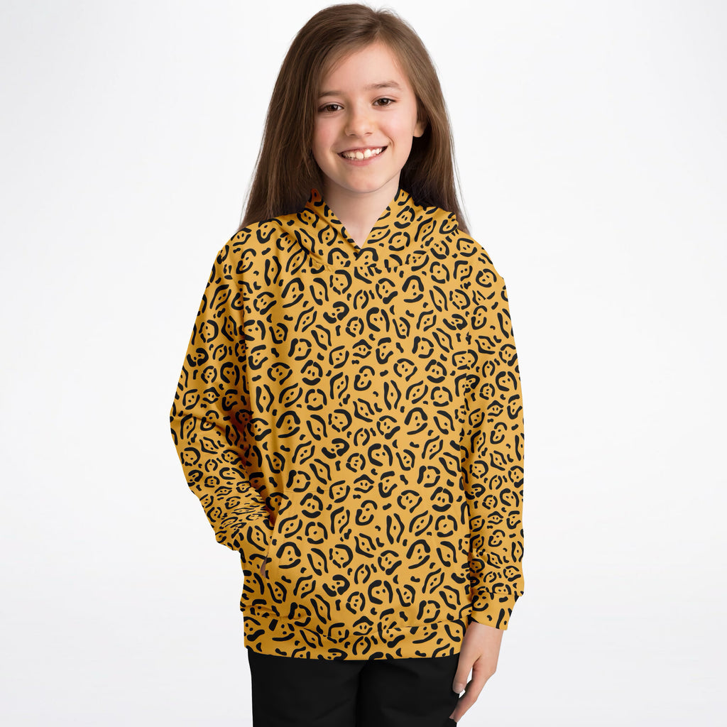 Girls Golden Yellow Leopard Print Hoodie – Ultra Comfy & Stretchy, Cozy Fleece or Lightweight Sports Fabric, Double-Layer Hood & Kangaroo Pocket