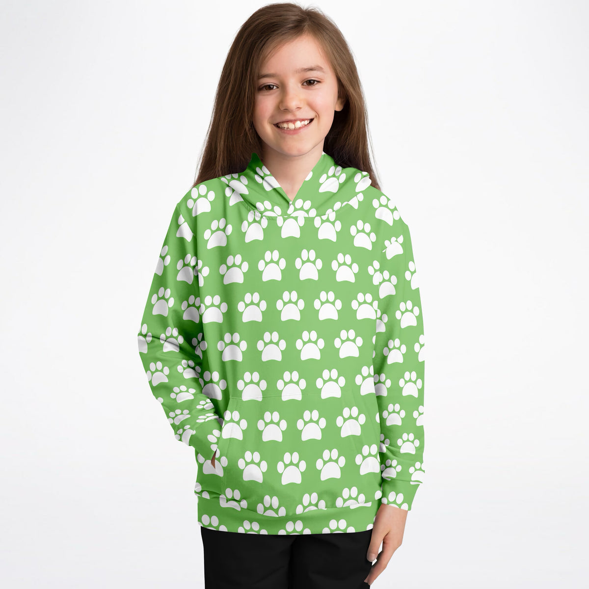 Kids Green Paw Print Hoodie – Ultra Comfy & Stretchy, Cozy Fleece or Lightweight Sports Fabric, Double-Layer Hood & Kangaroo Pocket