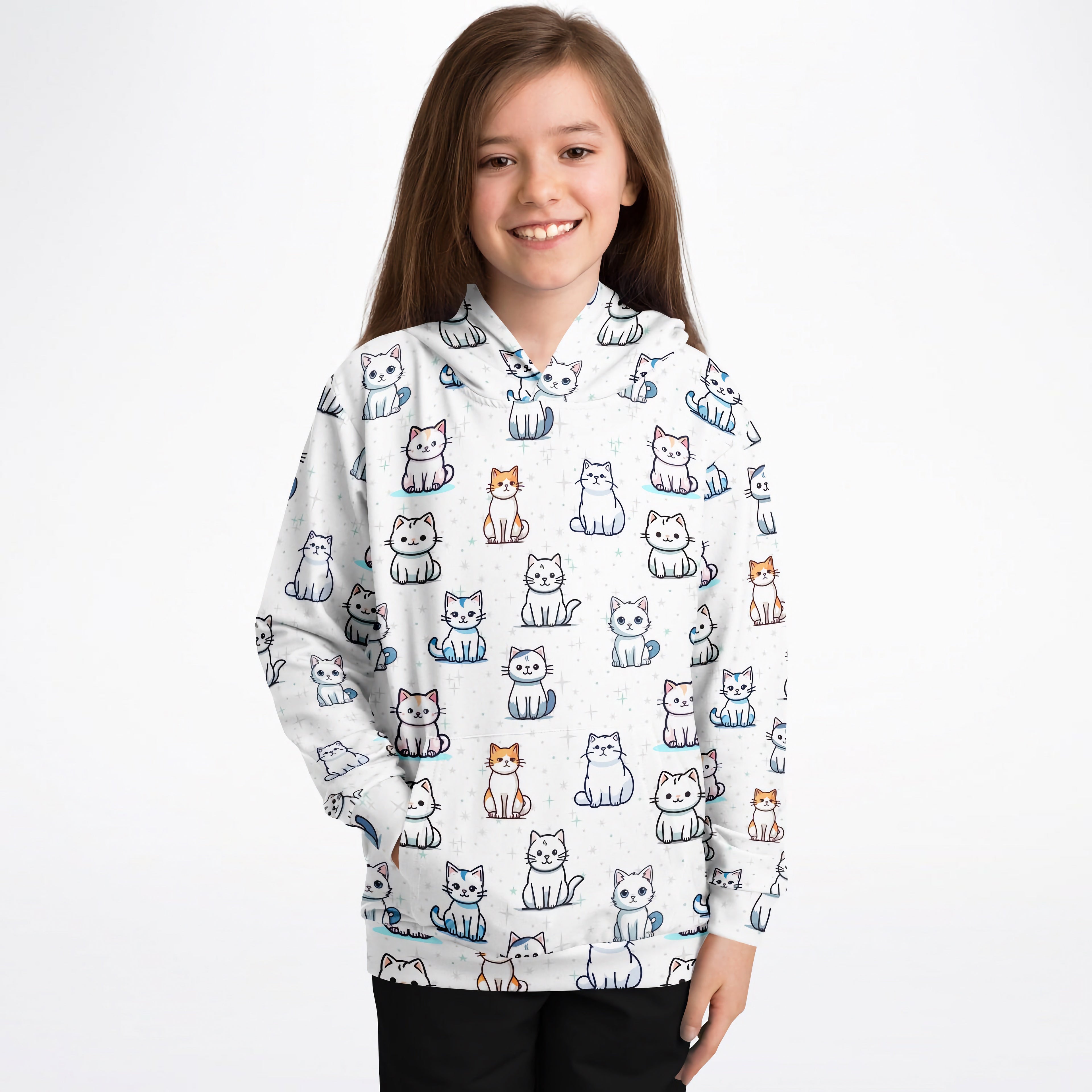 Girls Cat Pattern Hoodie – Cozy Cotton Fleece or Lightweight Sports Fabric