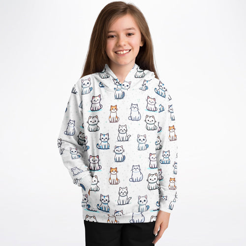 White girls hooded sweatshirt with playful multicolor cartoon cat print made of cozy cotton fleece or lightweight fabric