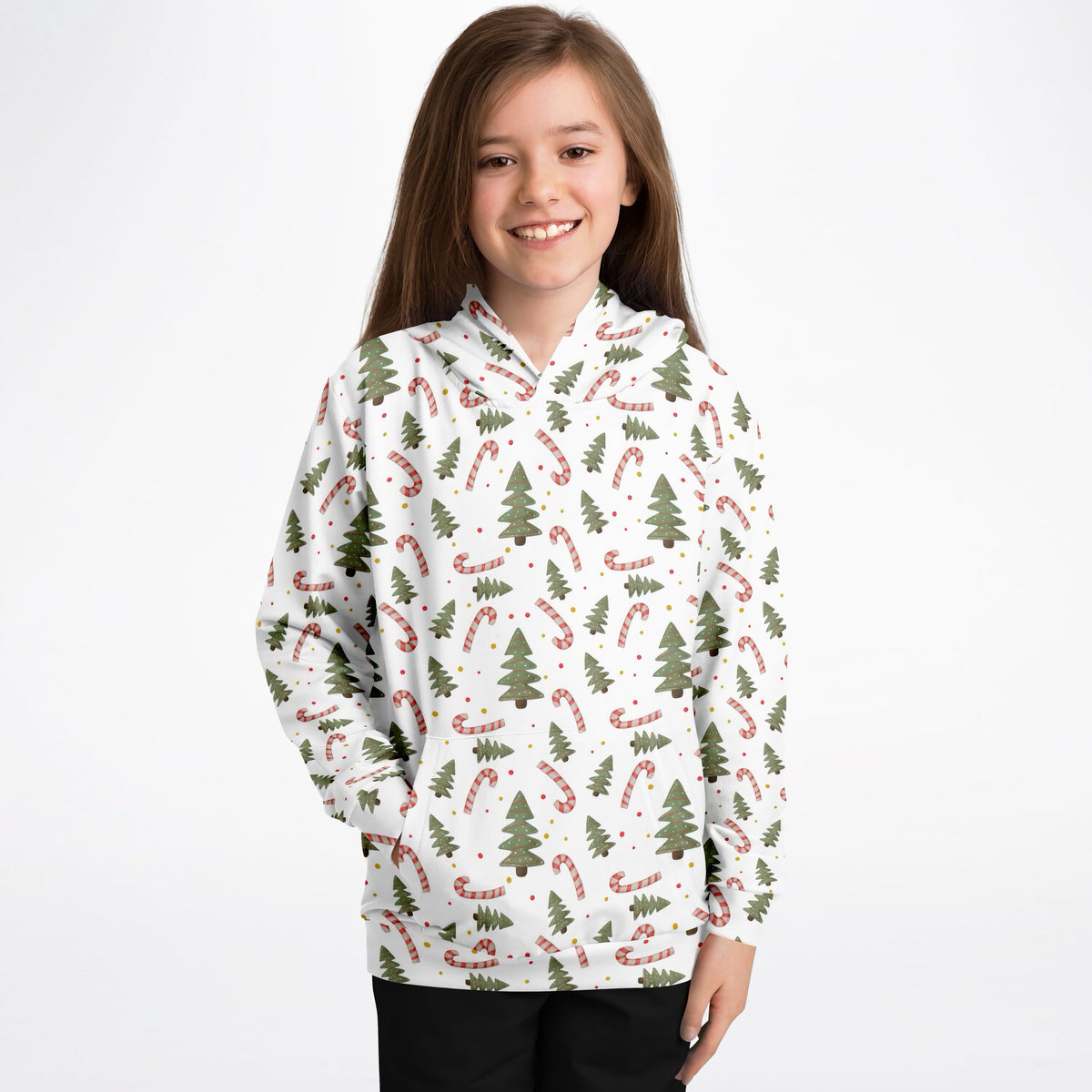 Kids Christmas Tree Candy Cane Hoodie – Ultra Comfy & Stretchy, Cozy Fleece or Lightweight Sports Fabric, Double-Layer Hood & Kangaroo Pocket