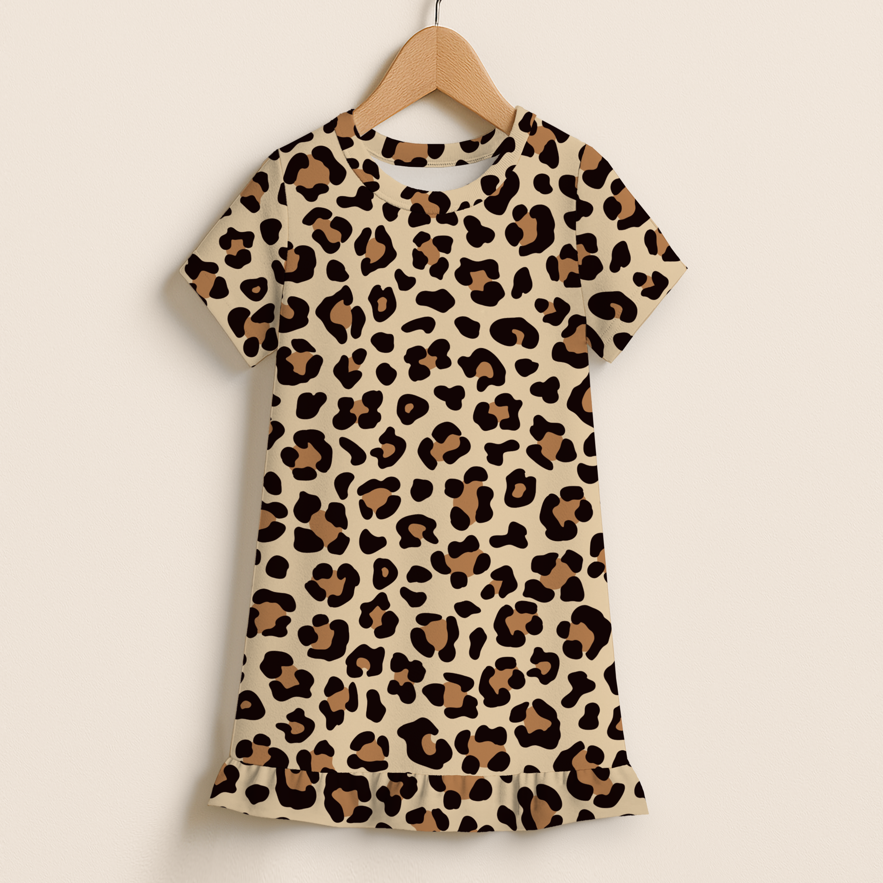 Girls Leopard Print Short Sleeve Ruffle Hem Dress