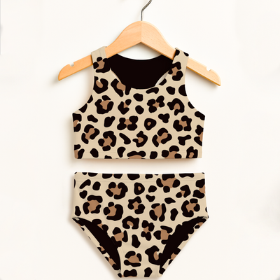 Girls Leopard Print Two Piece Swimsuit – Double Layered UPF 50+ High Waisted Comfort