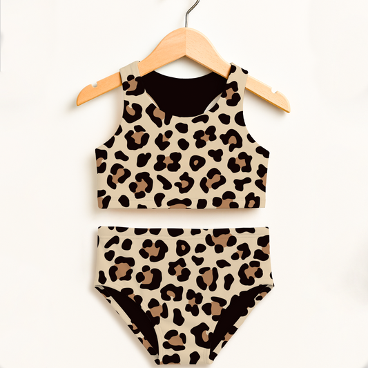 Girls Cheetah Print Two Piece Swimsuit – High Waisted, Double Layered Comfort