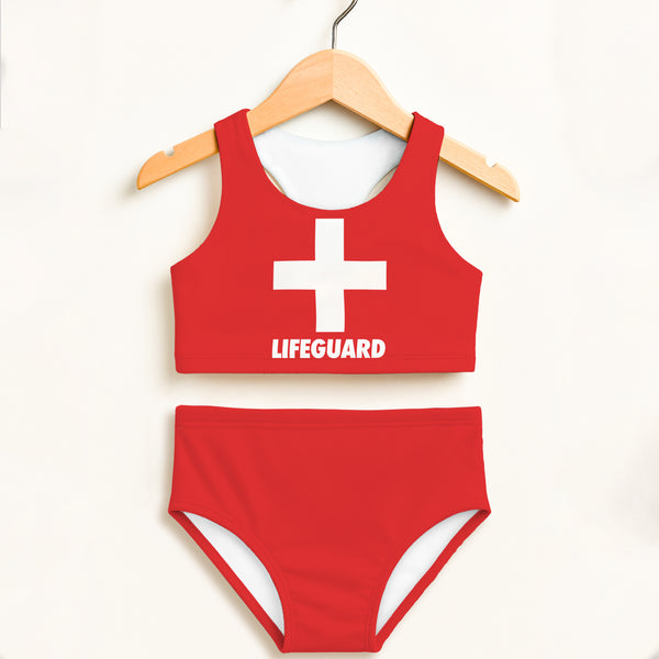 Girls lifeguard two piece swimsuit in red with white cross and text, double layered UPF 50 plus high waisted comfort