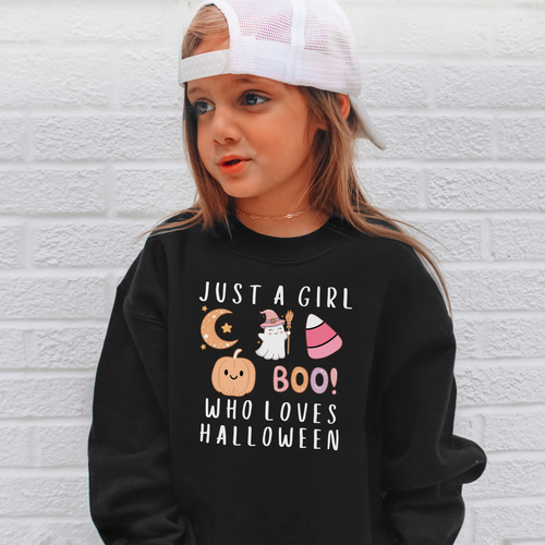 Black long-sleeved halloween sweatshirt for girls with colorful cartoon graphics and white text saying just a girl who loves halloween