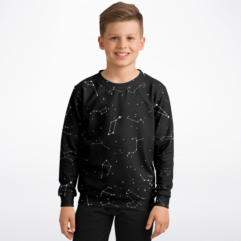 Black kids sweatshirt with white constellation pattern made of cozy cotton fleece or lightweight sports fabric