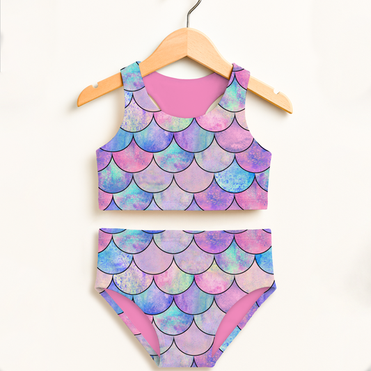 Girls Pastel Mermaid Scales Halloween Two Piece Swimsuit – High Waisted, Double Layered Comfort