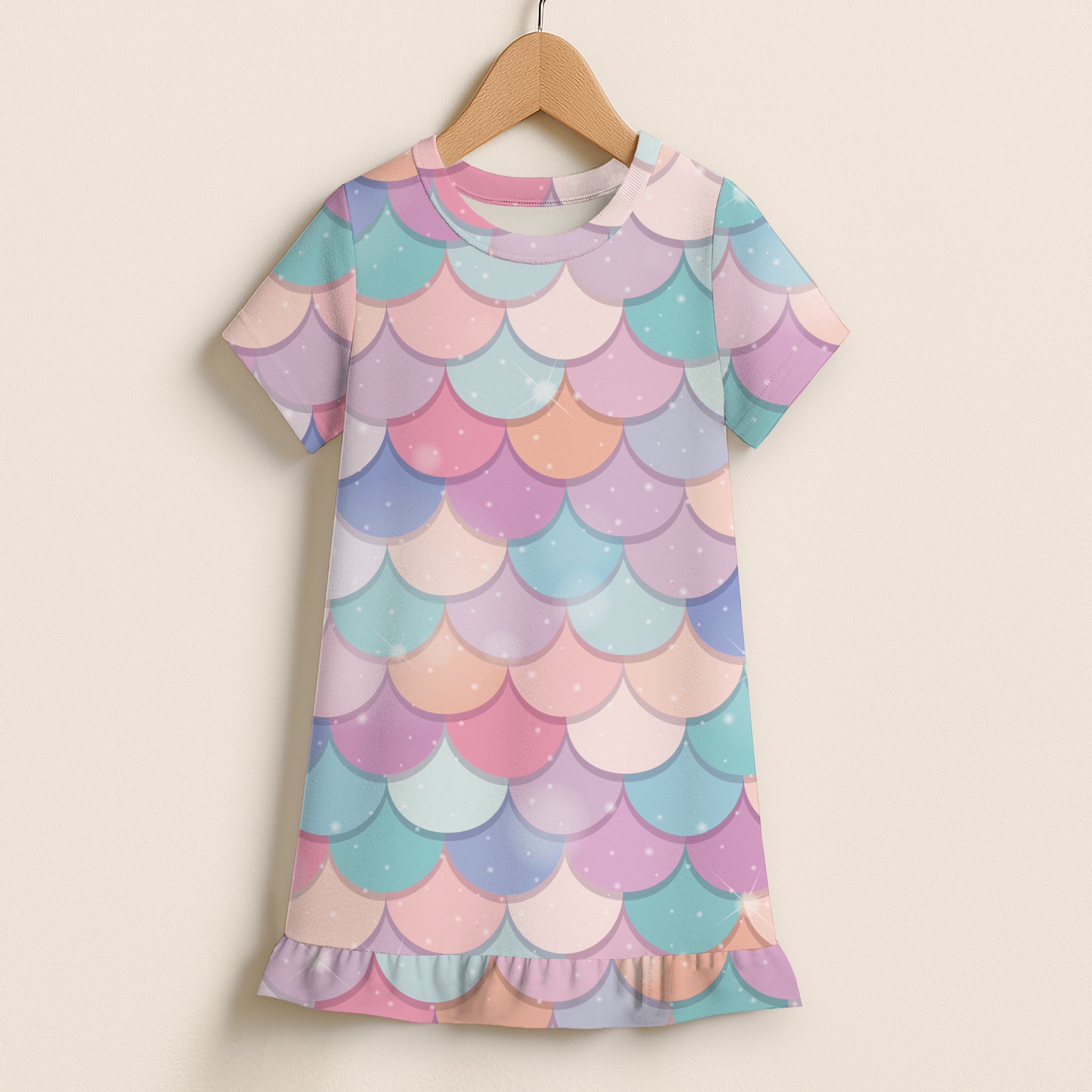 Girls Rainbow Mermaid Short Sleeve Ruffle Hem Dress