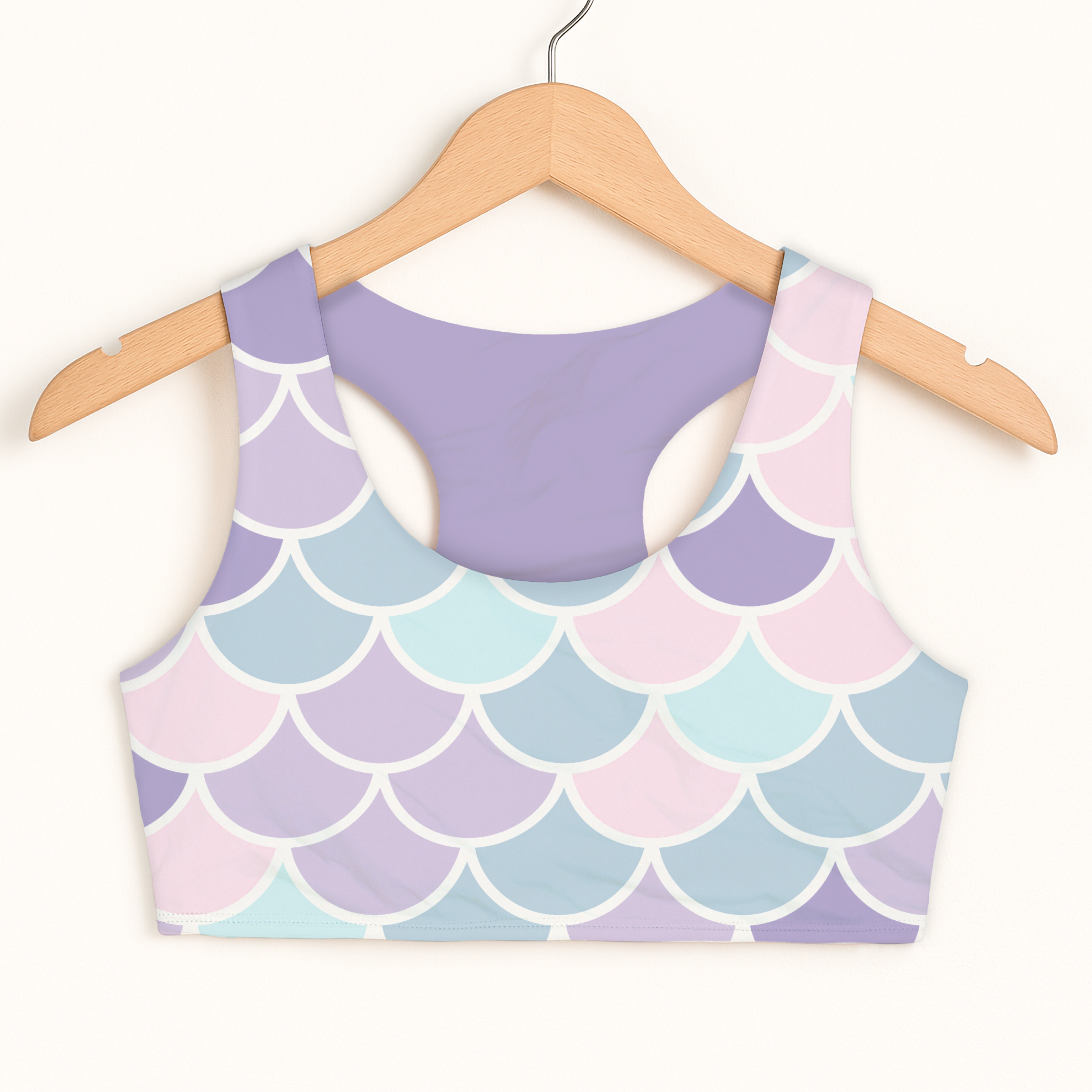 Girls mermaid scales sports bra with pastel mermaid-scale pattern in lavender pink and light blue quick drying fabric