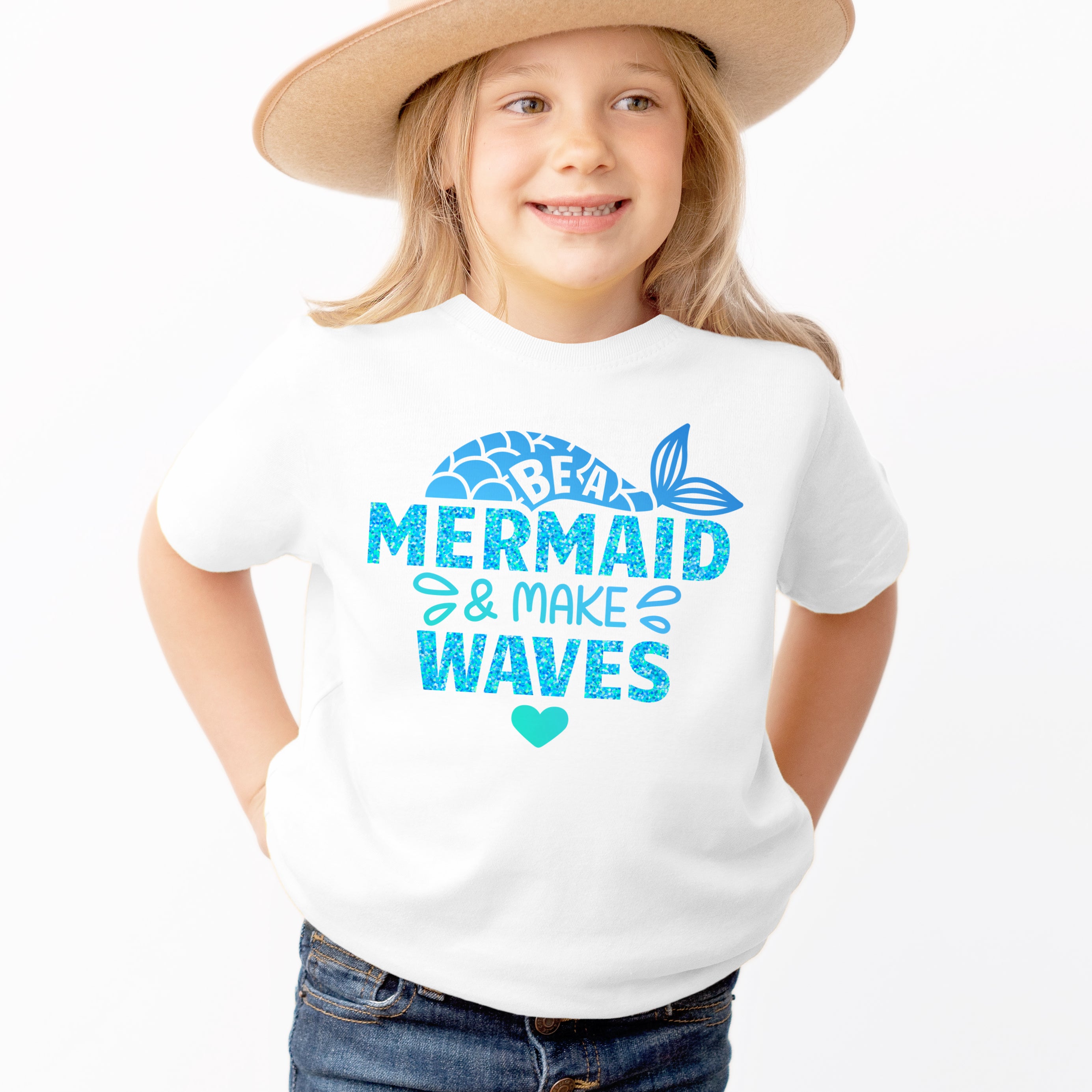 Girls Faux Printed Glitter 'Be a Mermaid and Make Waves' T-Shirt - Soft Lightweight Cotton Tee