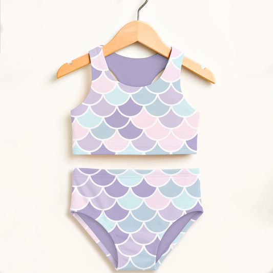Girls Pastel Mermaid Scale Two Piece Swimsuit – High Waisted, Double Layered Comfort