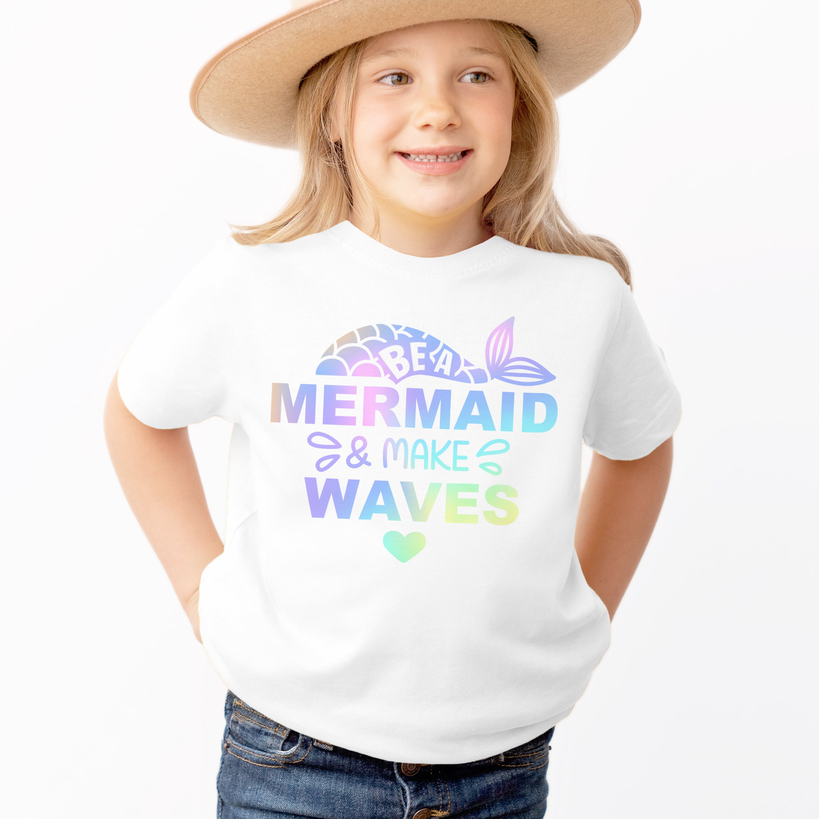 Girls 'Be a Mermaid and Make Waves' Pastel Rainbow T-Shirt - Soft Lightweight Cotton Tee