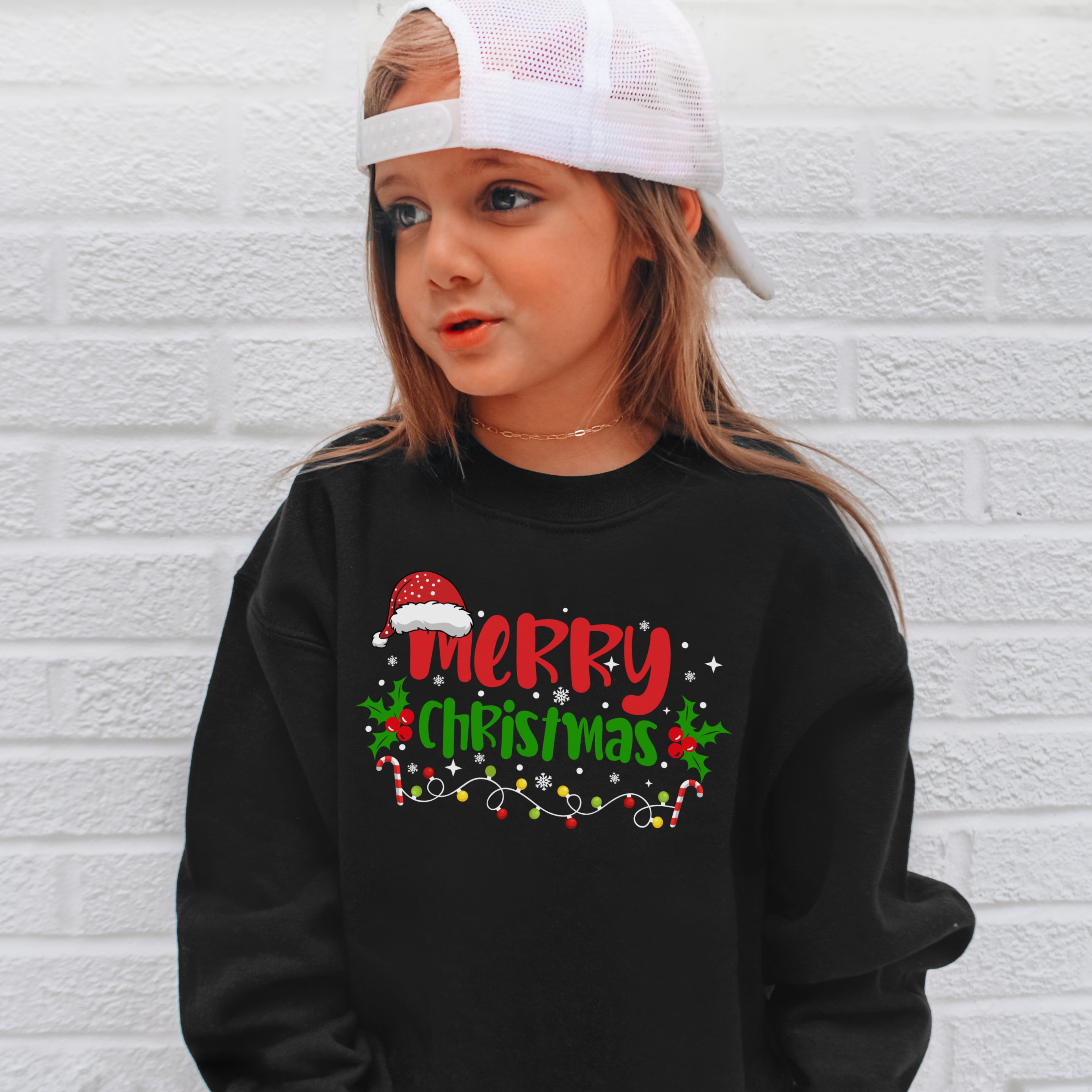Kids merry christmas sweatshirt black long-sleeve pullover with festive holiday lights and holiday graphics