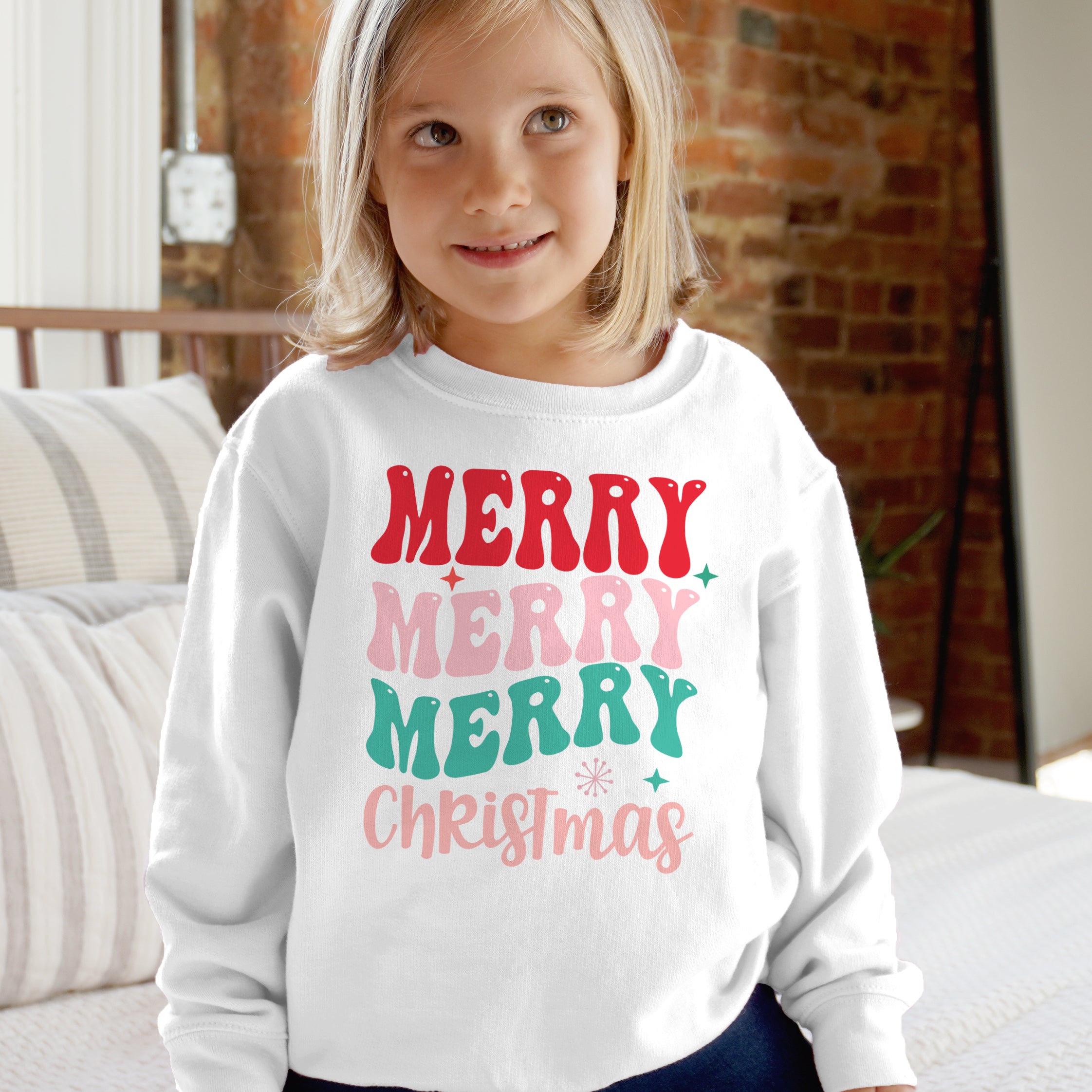 Kids retro merry christmas sweatshirt white long-sleeved with red pink and teal festive lettering for holiday wear