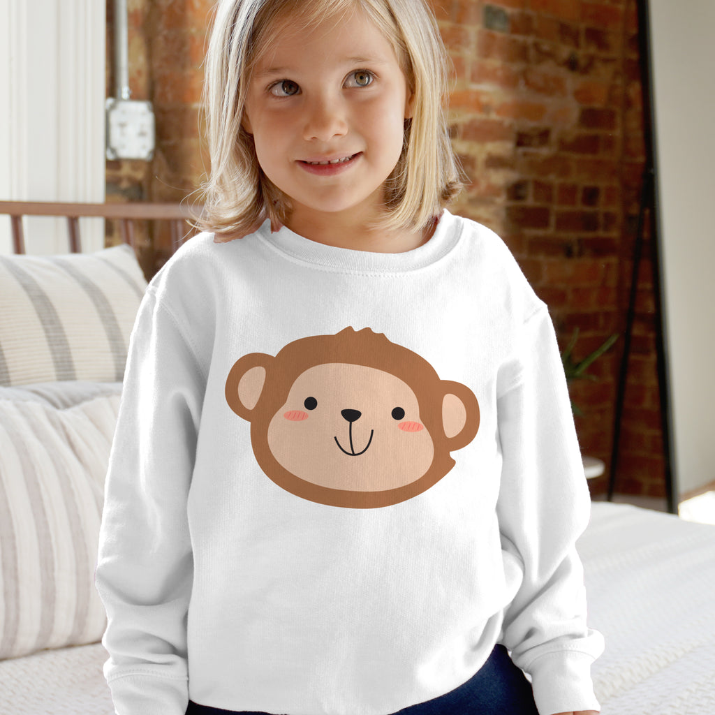 White long-sleeved kids monkey sweatshirt with cute cartoon monkey face fleece pullover for boys and girls
