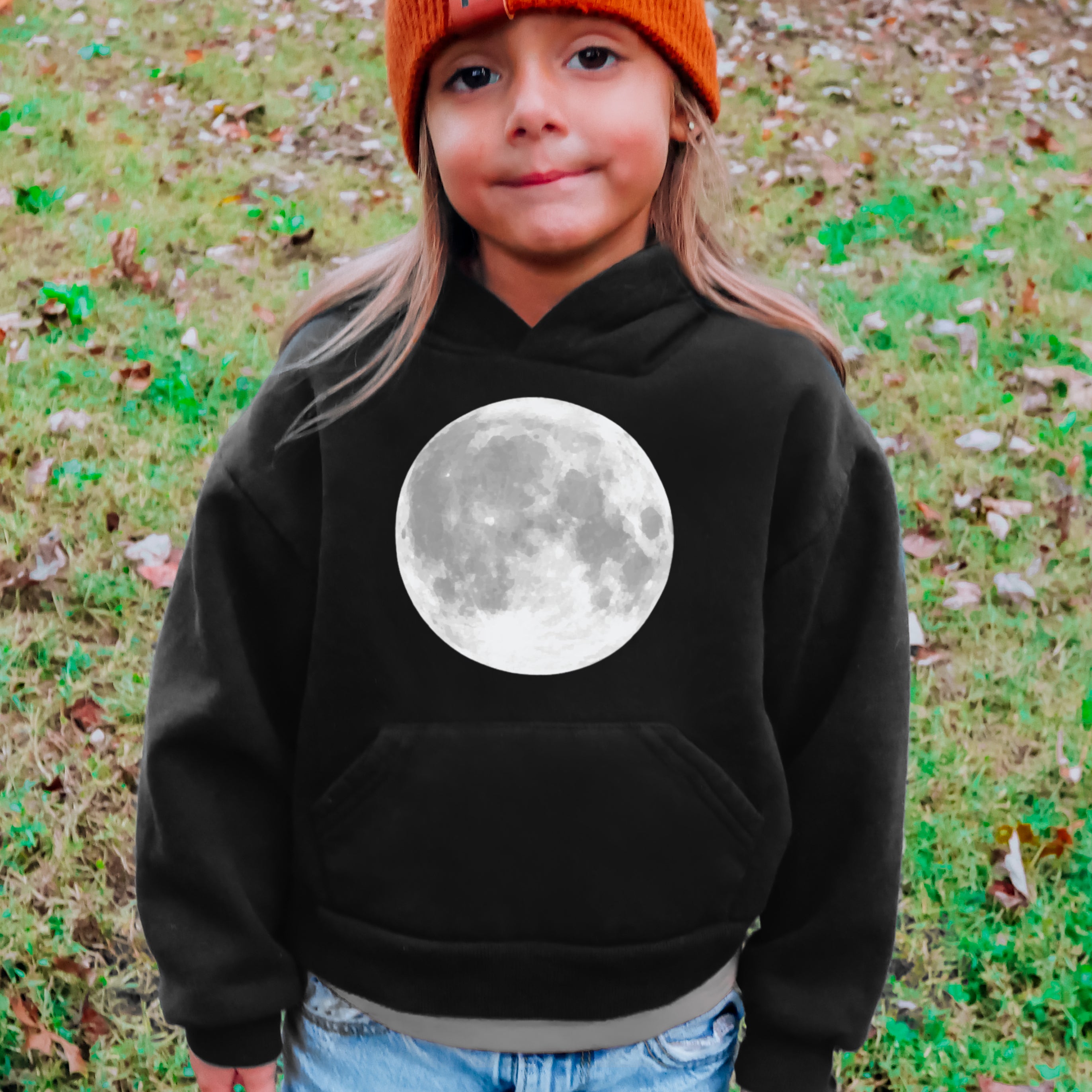Kids moon hoodie black hoodie with detailed grayscale full moon print on the front for children