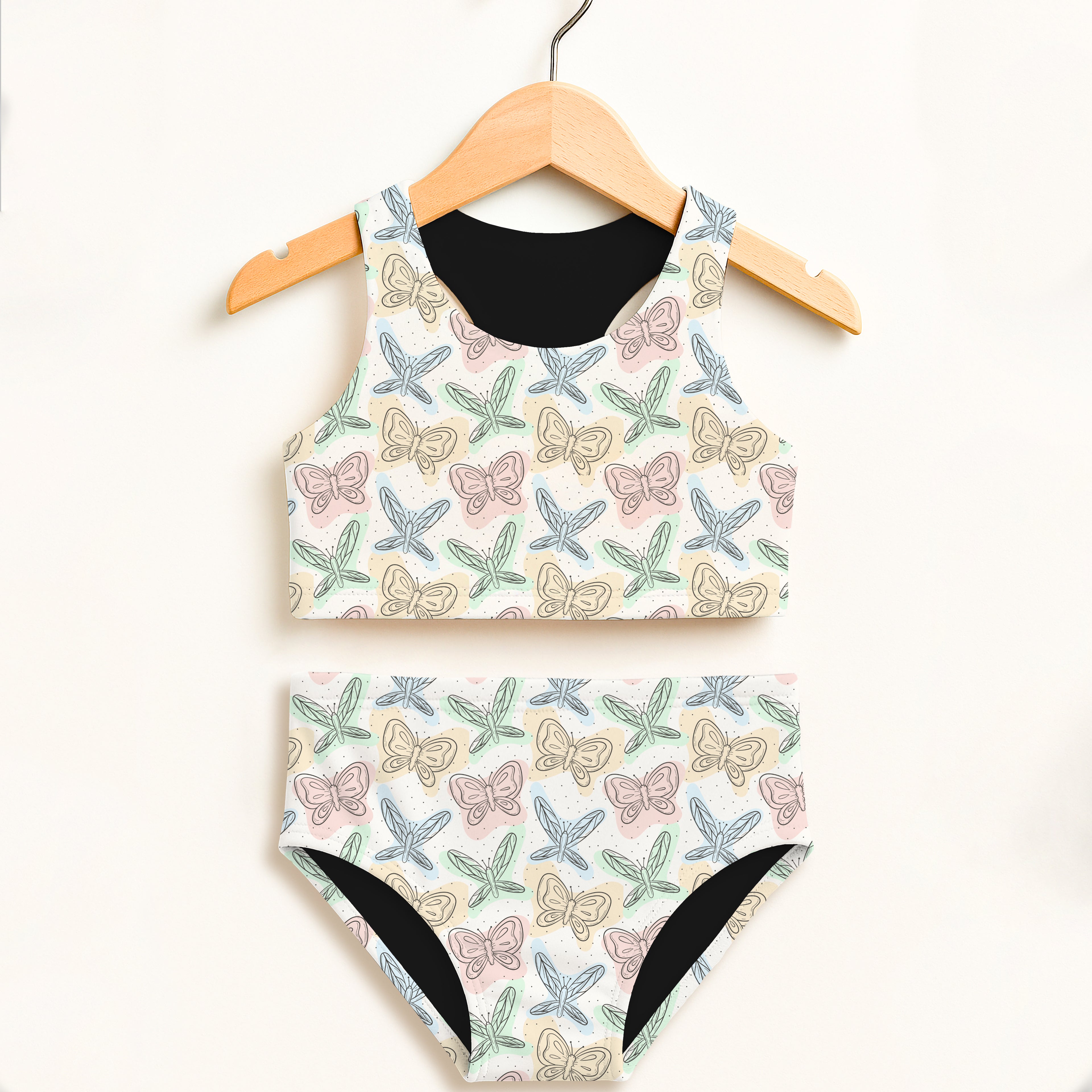 Girls pastel butterfly two-piece swimsuit with black lining double layered high waisted upf 50+ comfort