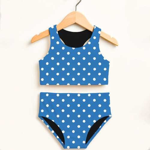 Girls blue polka dot two piece swimsuit with white dots black lining double layered upf 50 plus high waisted comfort