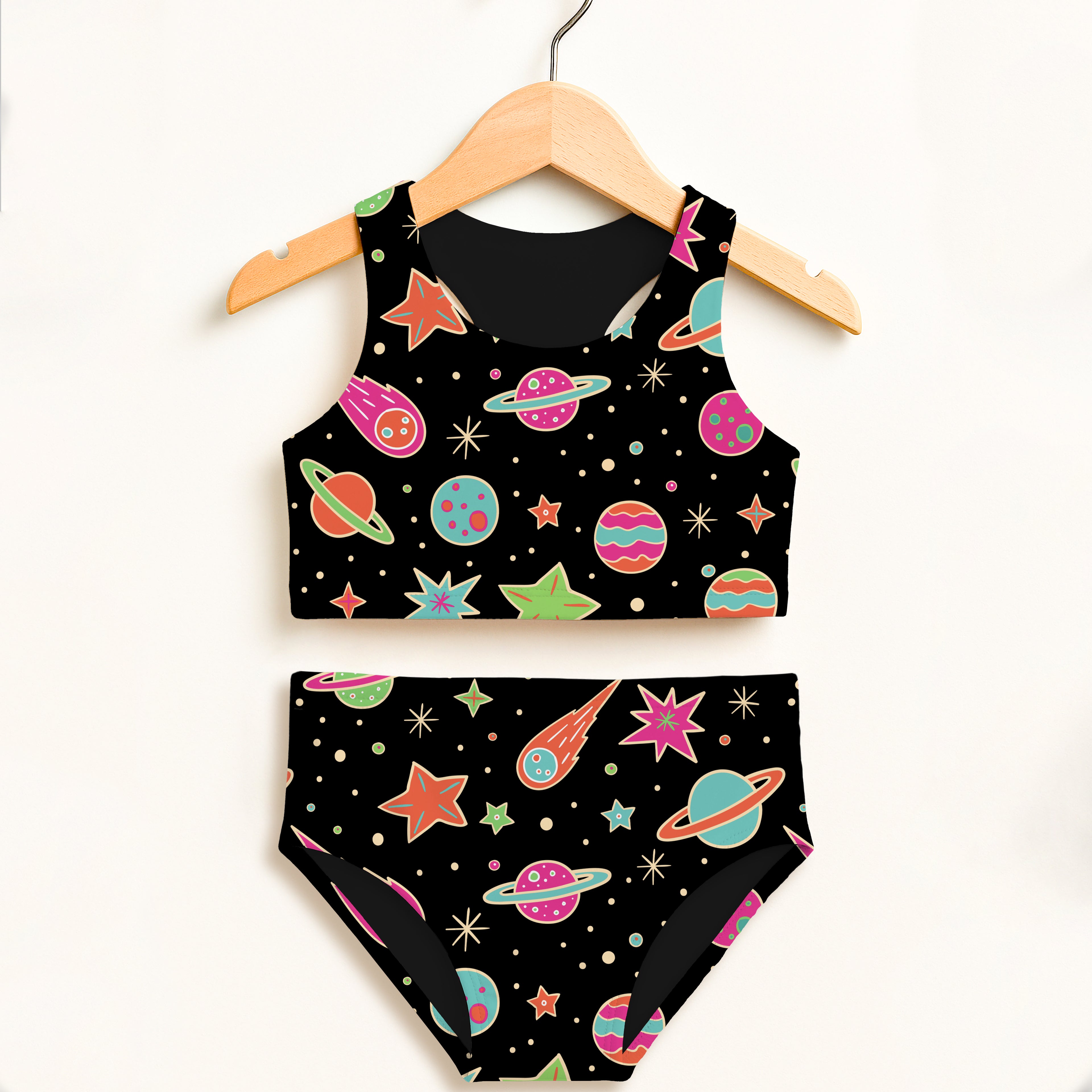Girls retro neon space two piece swimsuit in black with vibrant cosmic pattern and double layered upf 50+ high waisted comfort