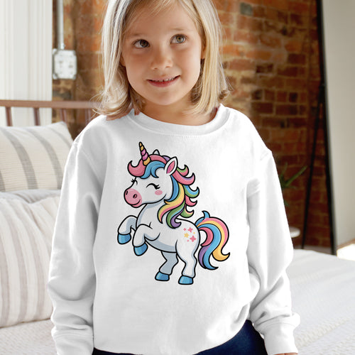 White long-sleeved fleece sweatshirt featuring a colorful cartoon unicorn with rainbow mane for everyday magic