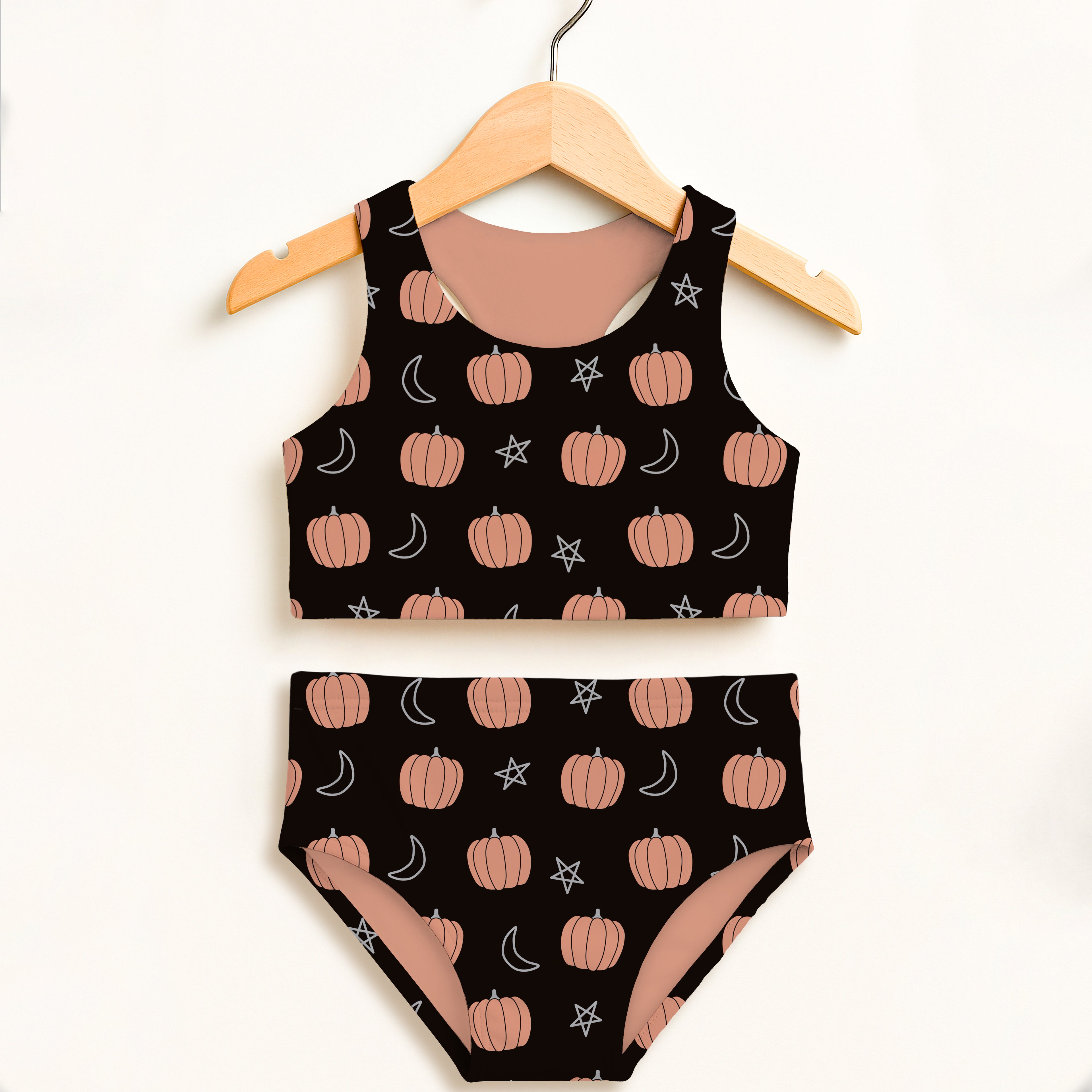 Girls Pumpkin Moon & Stars Halloween Two Piece Swimsuit – Double Layered UPF 50+ High Waisted Comfort
