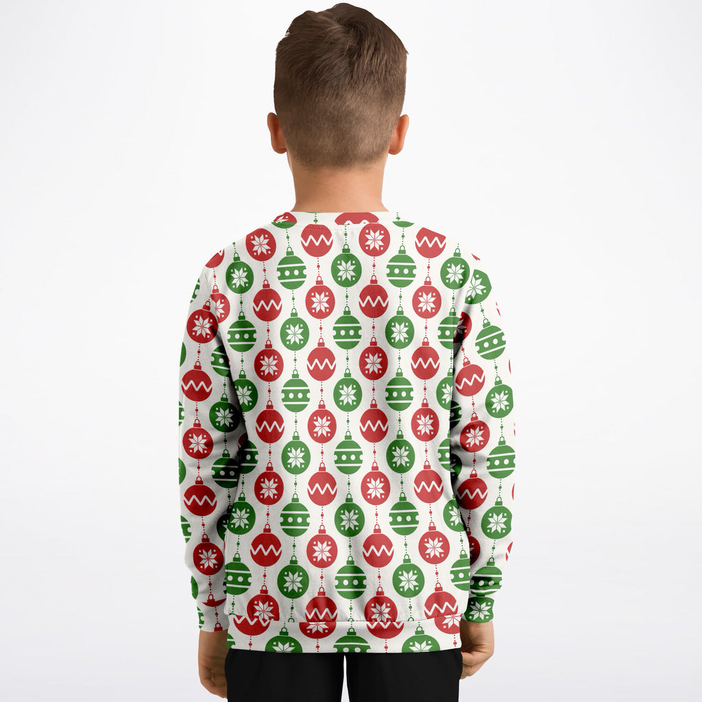 Kids Red & Green Christmas Ornament Sweatshirt – Ultra Soft & Stretchy, Cozy Fleece or Lightweight Sports Fabric Sweatshirt – Ultra Soft & Stretchy, Cozy Fleece or Lightweight Sports Fabric