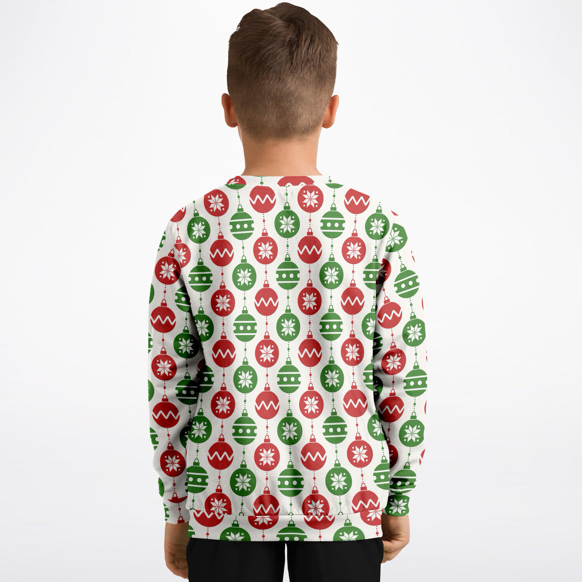 Kids Red & Green Christmas Ornament Sweatshirt – Ultra Soft & Stretchy, Cozy Fleece or Lightweight Sports Fabric Sweatshirt – Ultra Soft & Stretchy, Cozy Fleece or Lightweight Sports Fabric