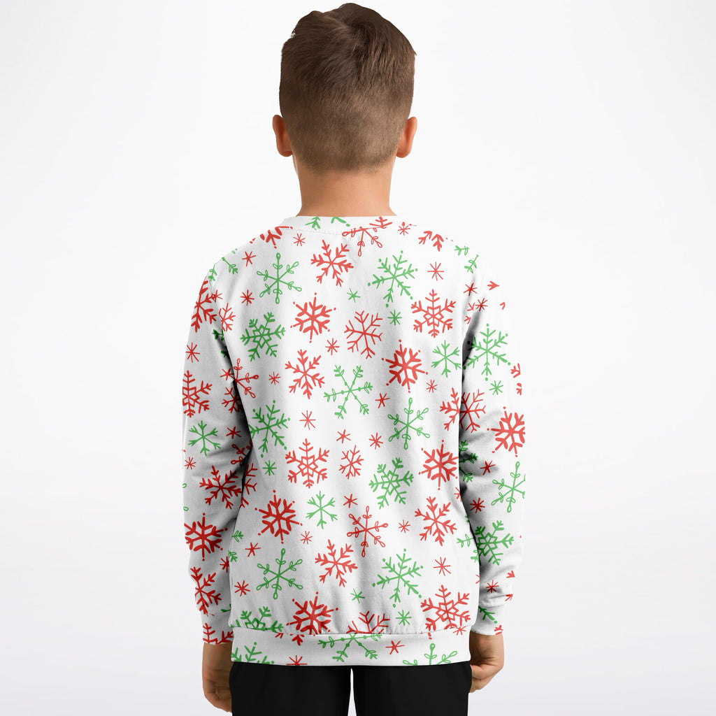 Kids Red & Green Snowflakes Christmas Sweatshirt – Ultra Soft & Stretchy, Cozy Fleece or Lightweight Sports Fabric Sweatshirt – Ultra Soft & Stretchy, Cozy Fleece or Lightweight Sports Fabric