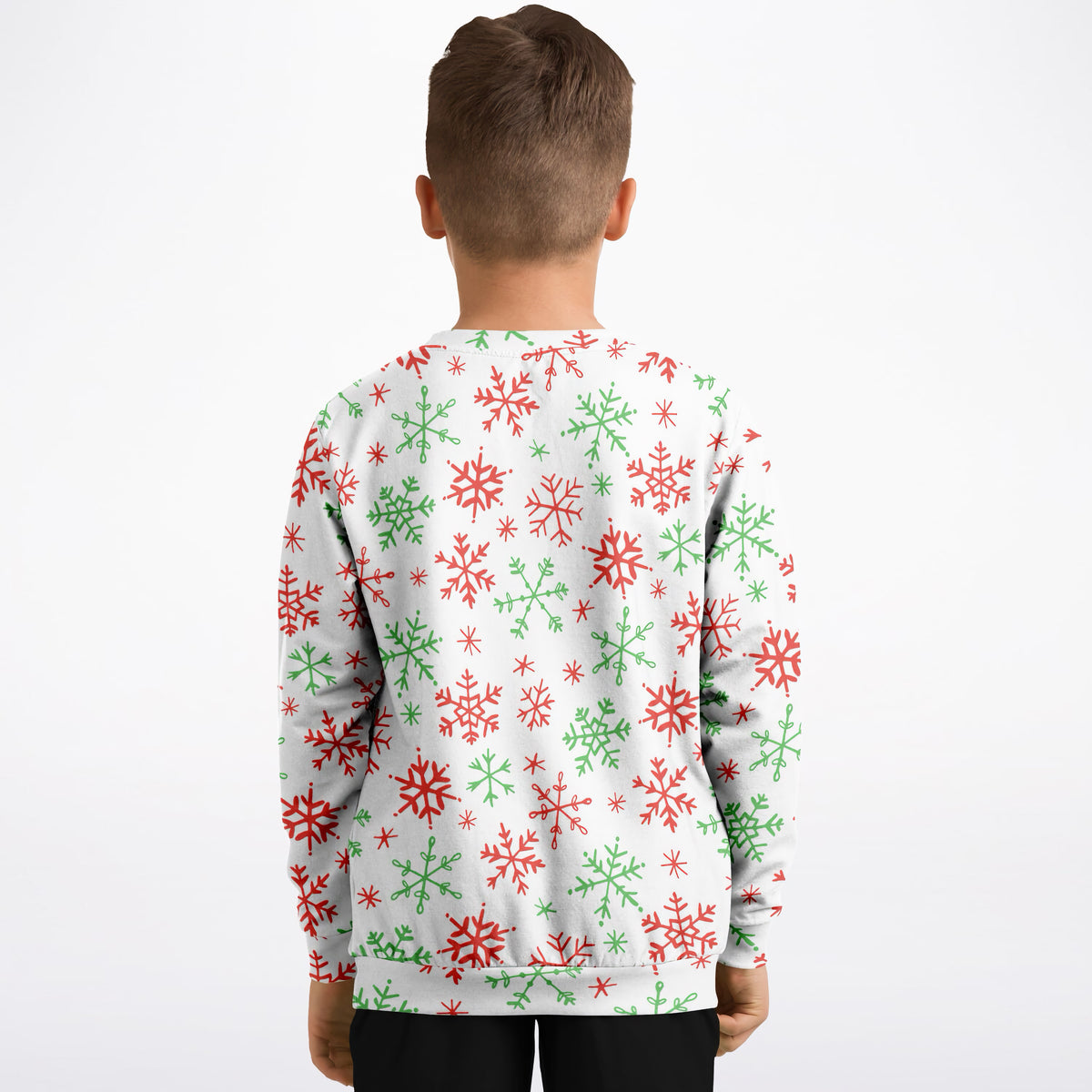 Kids Red & Green Snowflakes Christmas Sweatshirt – Ultra Soft & Stretchy, Cozy Fleece or Lightweight Sports Fabric Sweatshirt – Ultra Soft & Stretchy, Cozy Fleece or Lightweight Sports Fabric