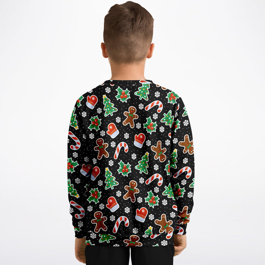 Kids Black Gingerbread Christmas Sweatshirt – Ultra Soft & Stretchy, Cozy Fleece or Lightweight Sports Fabric Sweatshirt – Ultra Soft & Stretchy, Cozy Fleece or Lightweight Sports Fabric