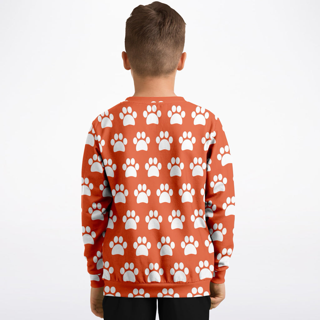 Kids Bright Orange Paw Print Sweatshirt – Ultra Soft & Stretchy, Cozy Fleece or Lightweight Sports Fabric Sweatshirt – Ultra Soft & Stretchy, Cozy Fleece or Lightweight Sports Fabric