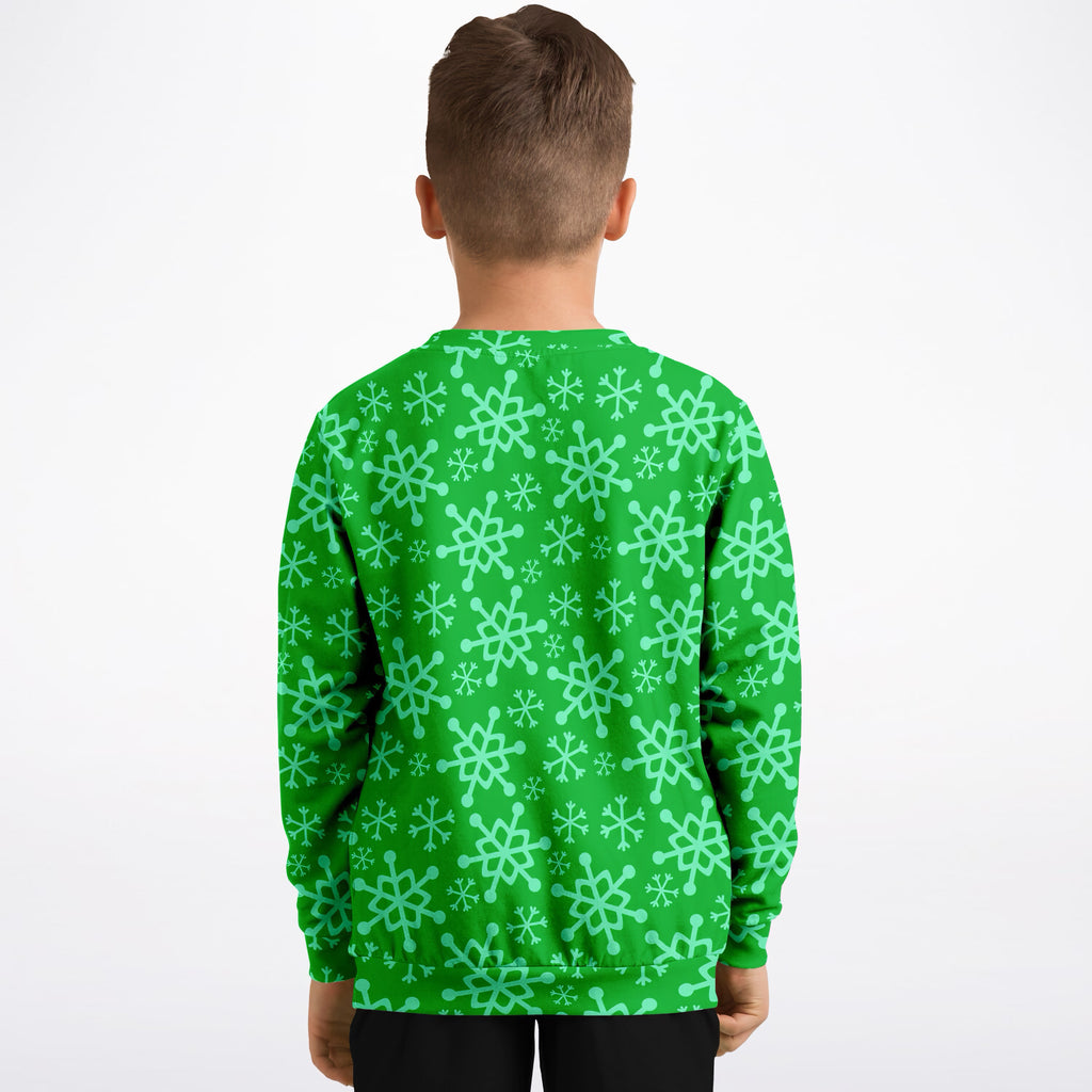 Kids Green Snowflake Christmas Sweatshirt – Ultra Soft & Stretchy, Cozy Fleece or Lightweight Sports Fabric Sweatshirt – Ultra Soft & Stretchy, Cozy Fleece or Lightweight Sports Fabric