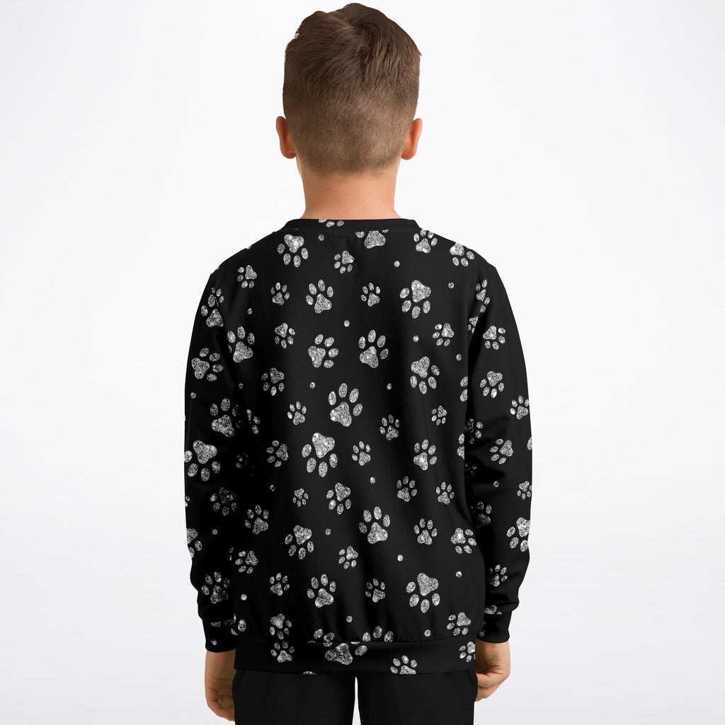 Kids Silver Faux Glitter Paw Print Sweatshirt – Ultra Soft & Stretchy, Cozy Fleece or Lightweight Sports Fabric Sweatshirt – Ultra Soft & Stretchy, Cozy Fleece or Lightweight Sports Fabric