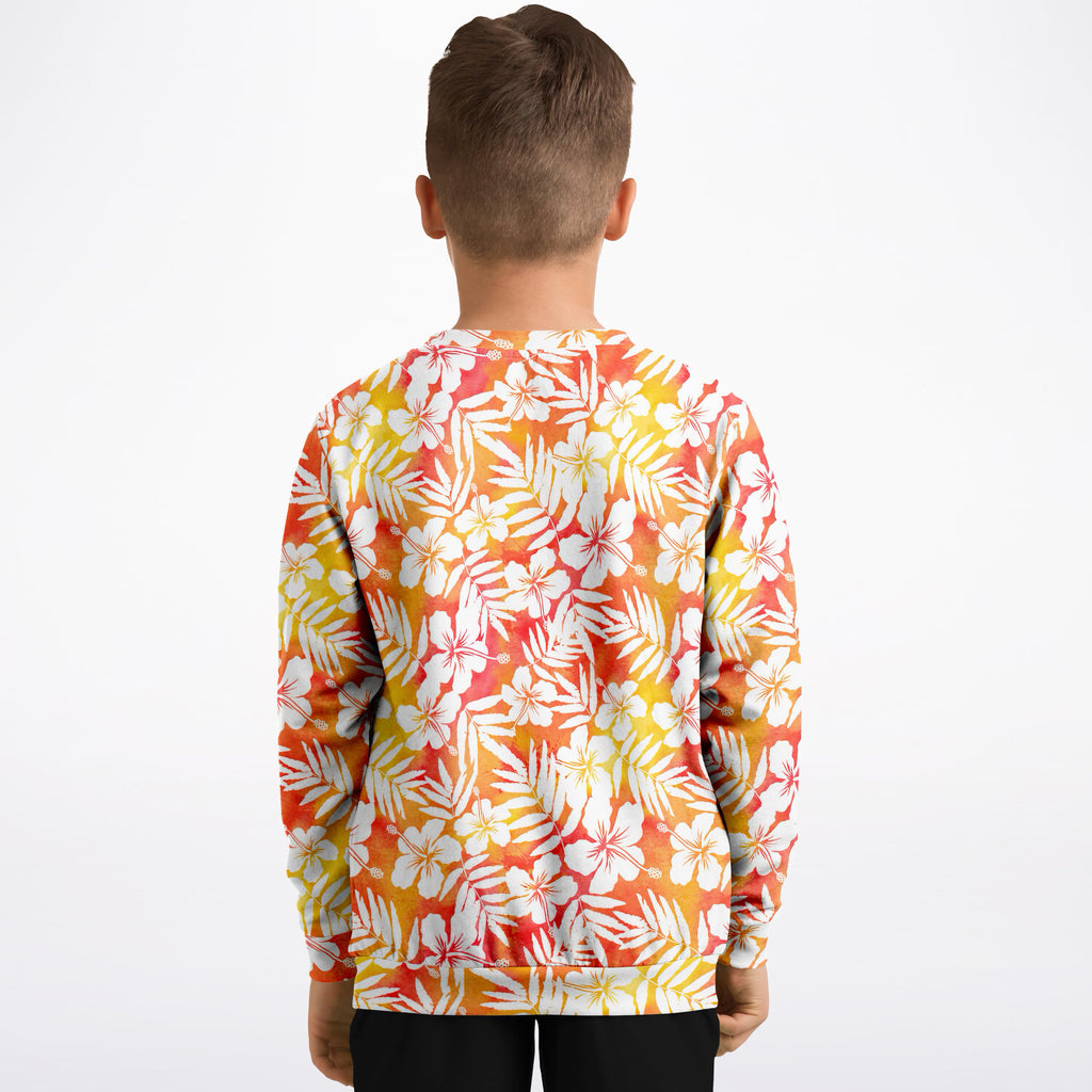 Kids Orange Tropical Hibiscus Sweatshirt – Ultra Soft & Stretchy, Cozy Fleece or Lightweight Sports Fabric Sweatshirt – Ultra Soft & Stretchy, Cozy Fleece or Lightweight Sports Fabric