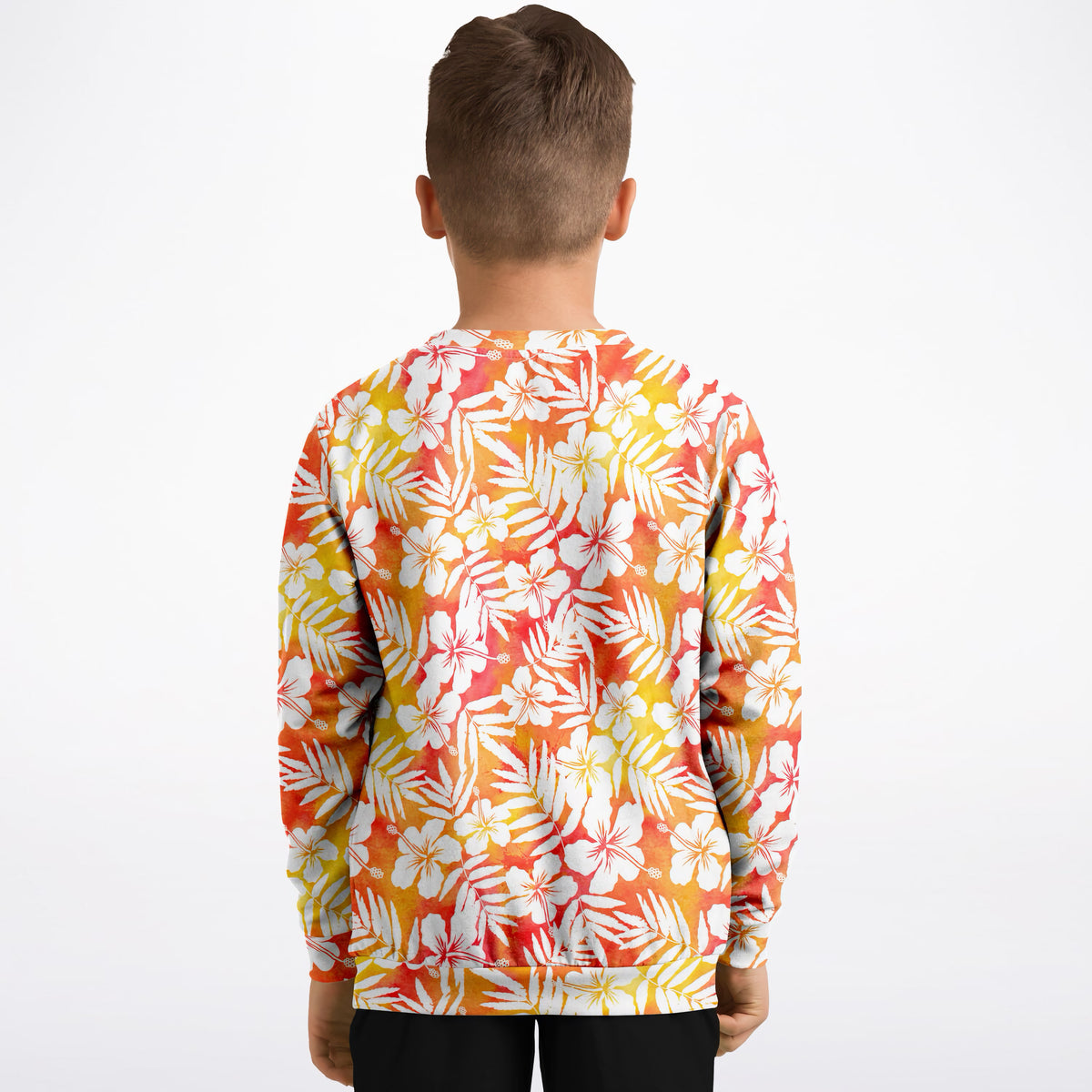 Kids Orange Tropical Hibiscus Sweatshirt – Ultra Soft & Stretchy, Cozy Fleece or Lightweight Sports Fabric Sweatshirt – Ultra Soft & Stretchy, Cozy Fleece or Lightweight Sports Fabric