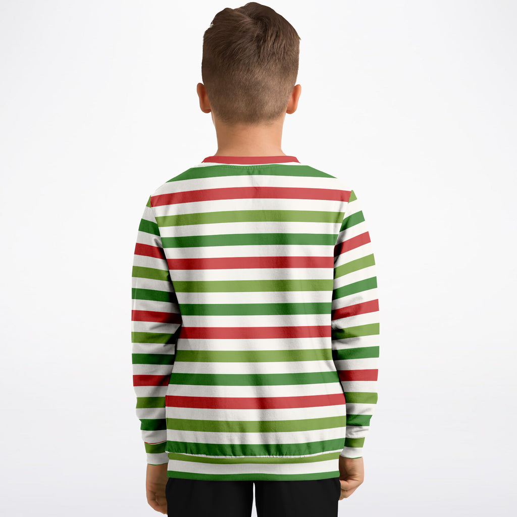 Kids Red Green & White Christmas Striped Sweatshirt – Ultra Soft & Stretchy, Cozy Fleece or Lightweight Sports Fabric Sweatshirt – Ultra Soft & Stretchy, Cozy Fleece or Lightweight Sports Fabric