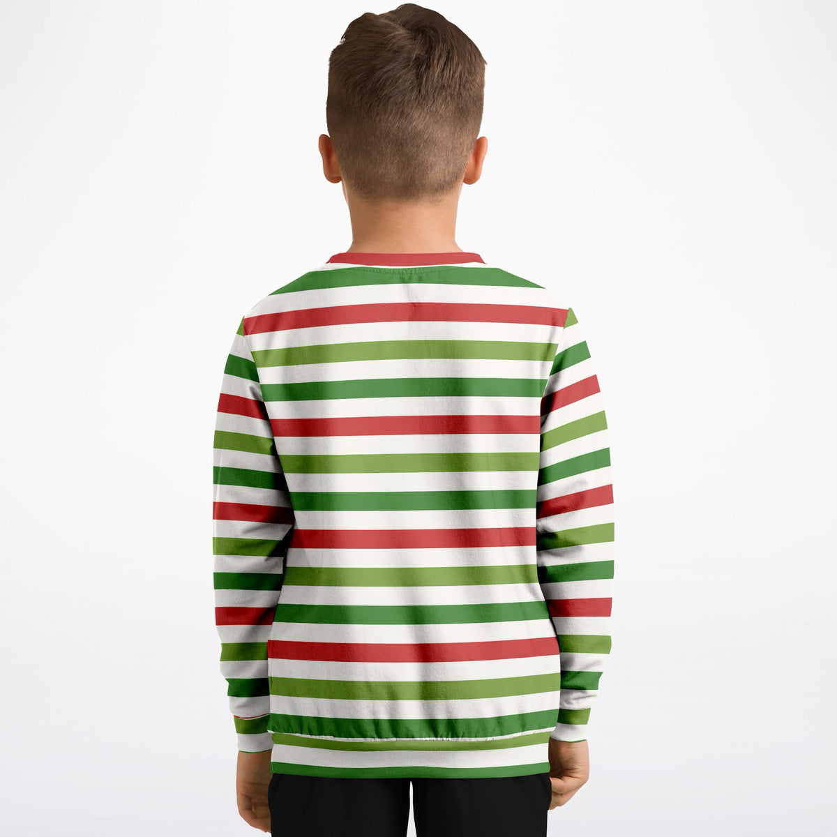 Kids Red Green & White Christmas Striped Sweatshirt – Ultra Soft & Stretchy, Cozy Fleece or Lightweight Sports Fabric Sweatshirt – Ultra Soft & Stretchy, Cozy Fleece or Lightweight Sports Fabric