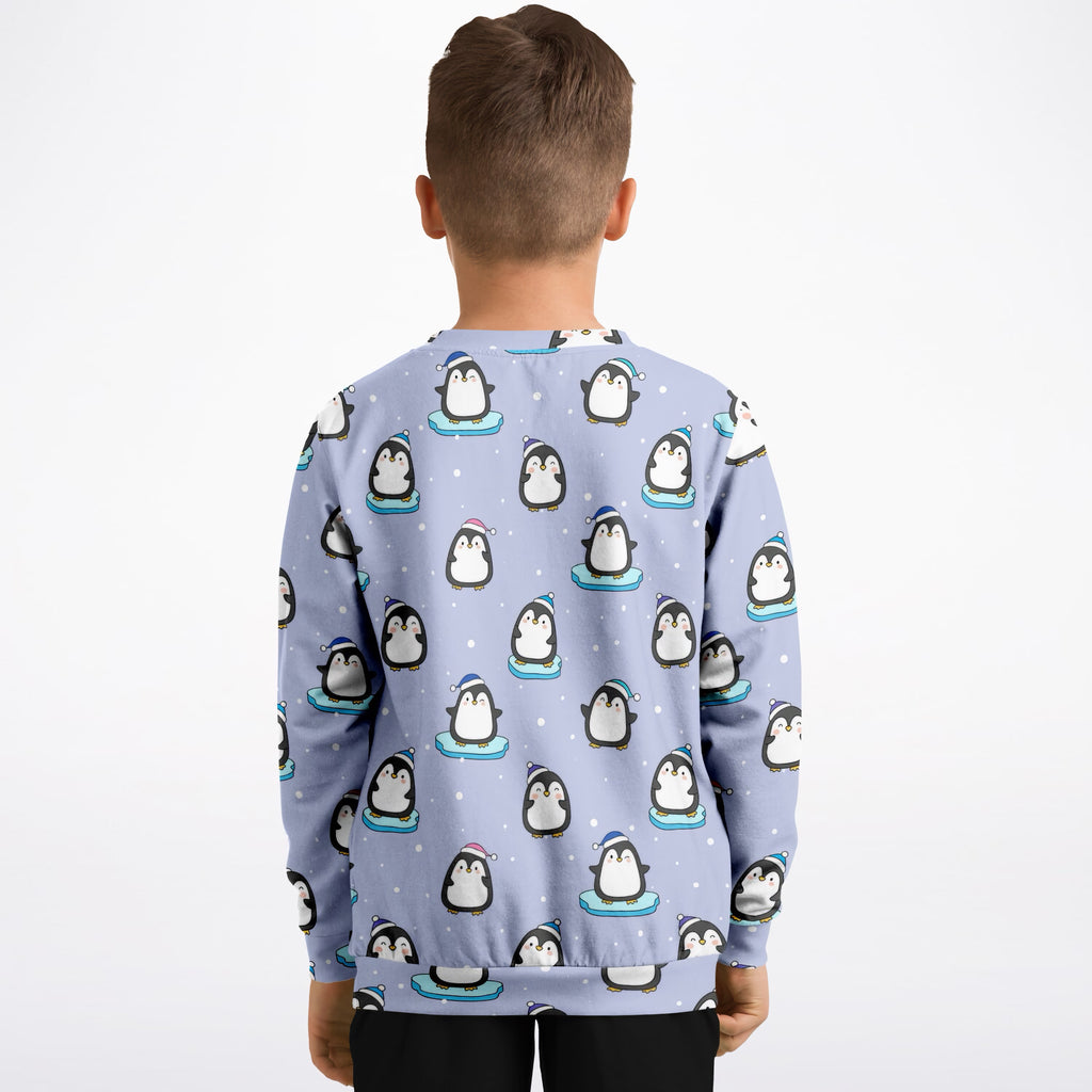 Kids Light Purple Penguin & Snowman Christmas Sweatshirt – Ultra Soft & Stretchy, Cozy Fleece or Lightweight Sports Fabric Sweatshirt – Ultra Soft & Stretchy, Cozy Fleece or Lightweight Sports Fabric