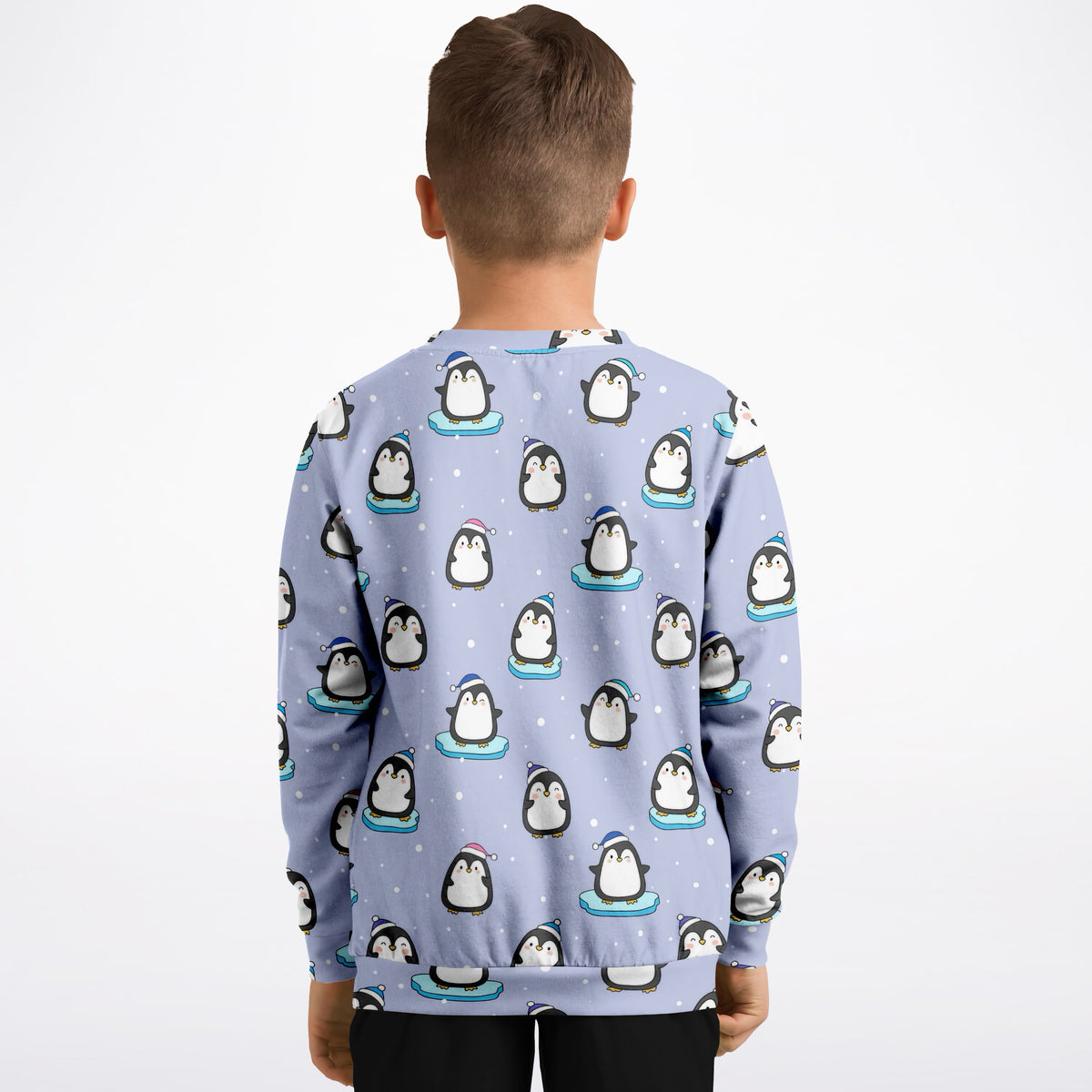 Kids Light Purple Penguin & Snowman Christmas Sweatshirt – Ultra Soft & Stretchy, Cozy Fleece or Lightweight Sports Fabric Sweatshirt – Ultra Soft & Stretchy, Cozy Fleece or Lightweight Sports Fabric