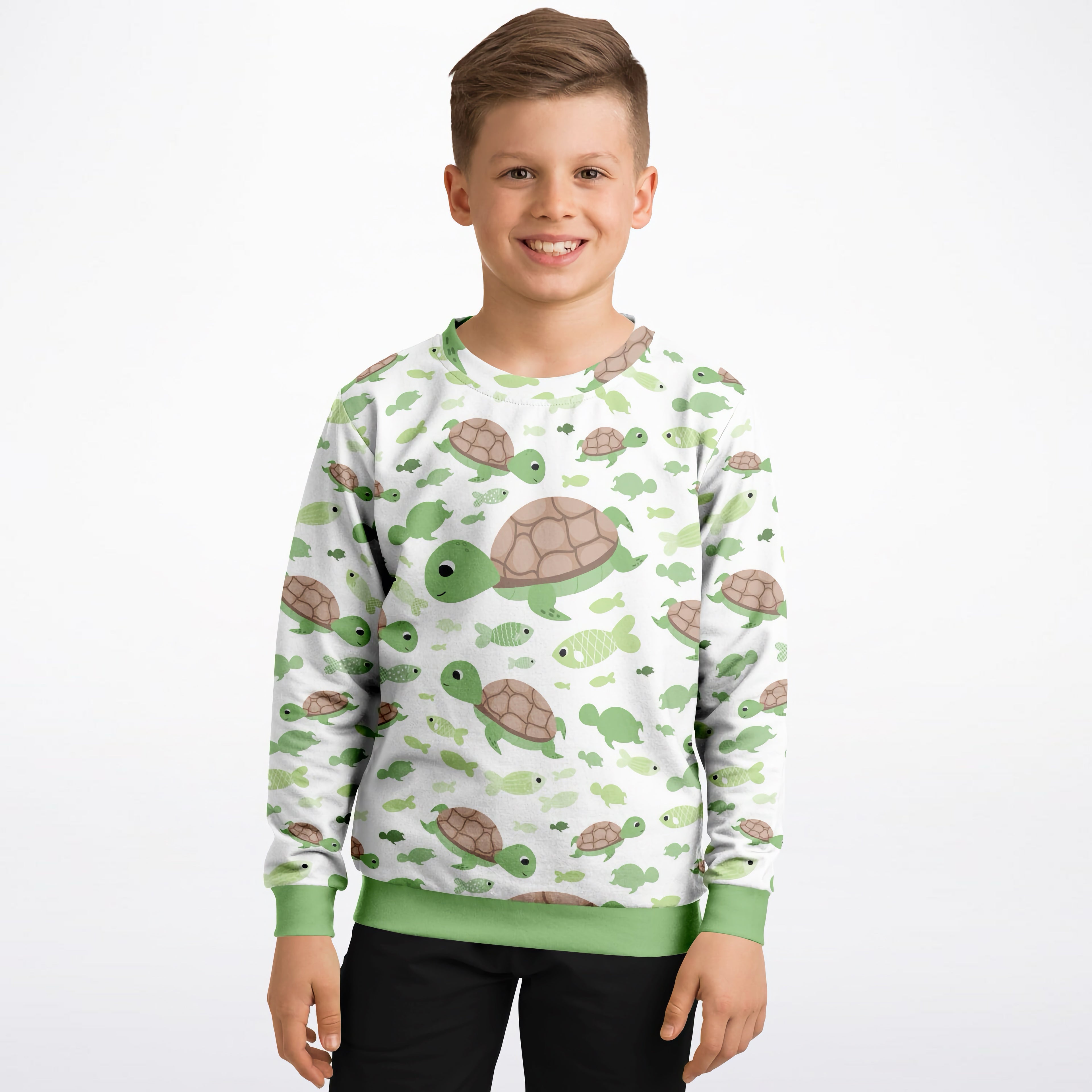 White kids sweatshirt with green sea turtles and fish pattern, light green cuffs, cozy cotton fleece or sports fabric