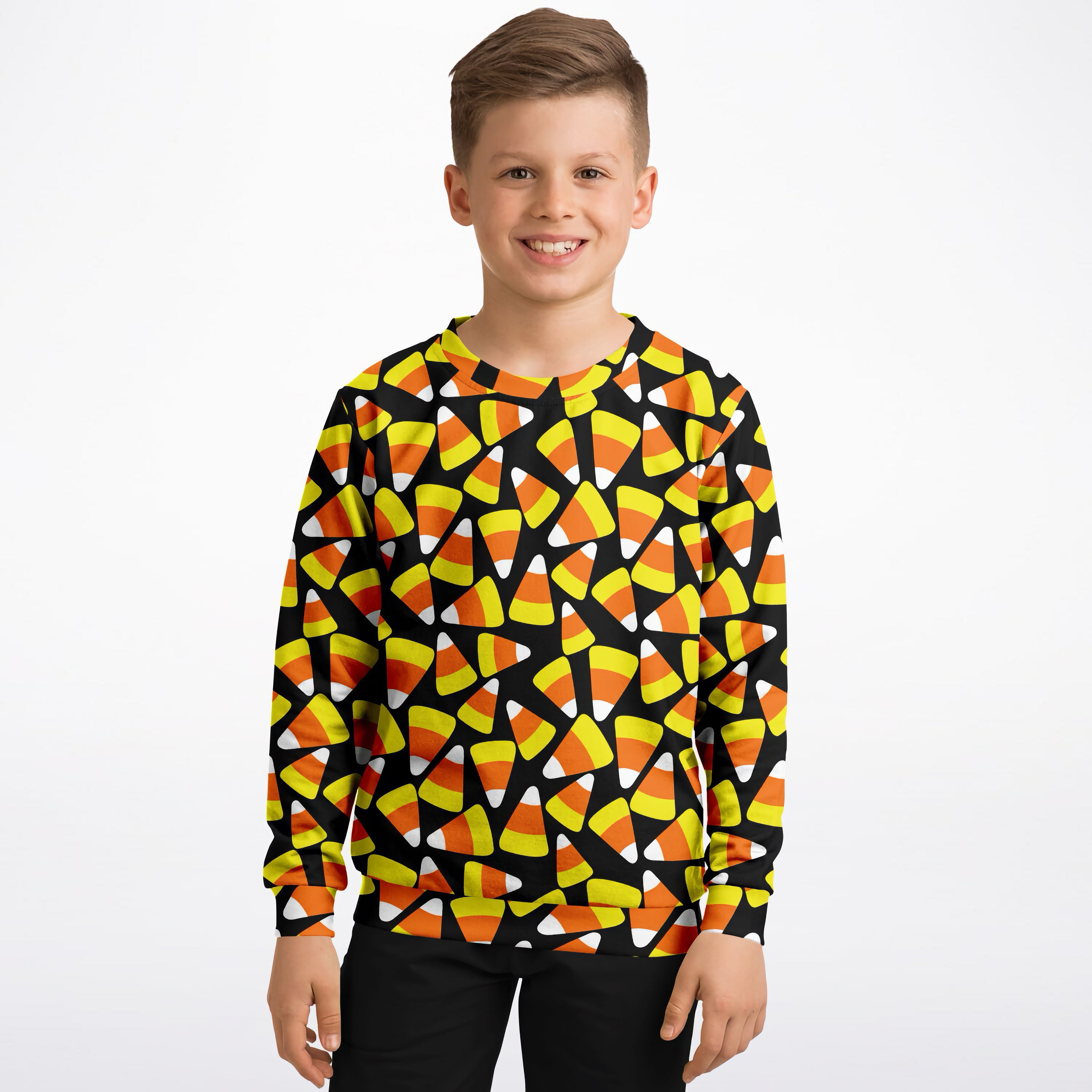 Black kids candy corn halloween sweatshirt with vibrant orange yellow and white fleece cotton pattern