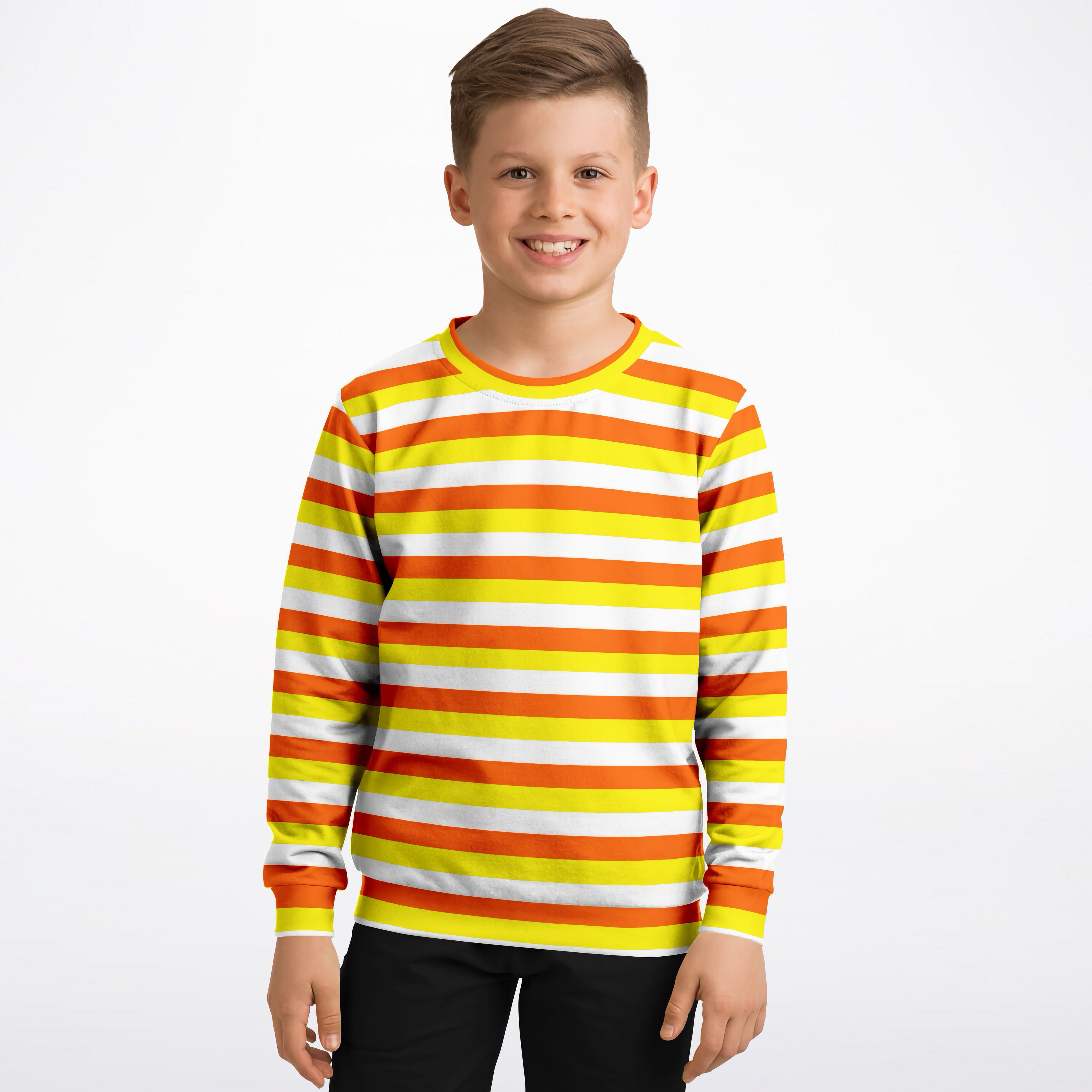 A vibrant kids candy corn stripes halloween sweatshirt with bold orange yellow white stripes in cozy cotton fleece