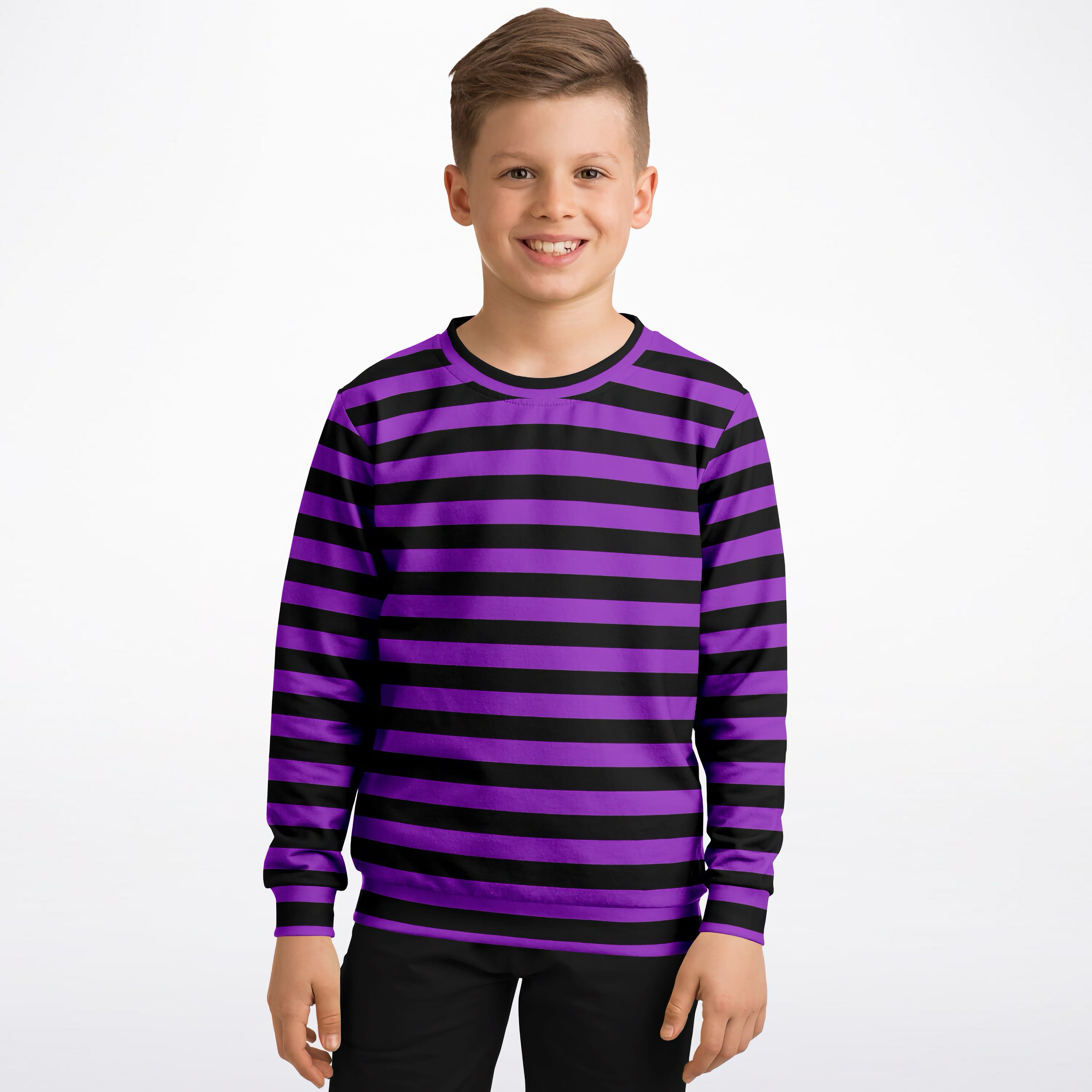 Kids purple and black striped long-sleeve sweatshirt with ribbed crew neck in cozy cotton fleece or lightweight fabric