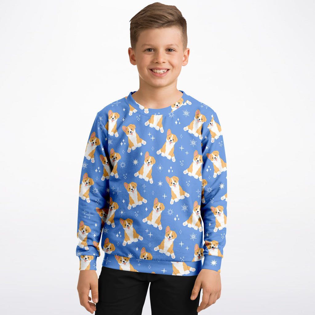 Kids Blue Corgi Dog Sweatshirt – Cozy Cotton Fleece or Lightweight Sports Fabric