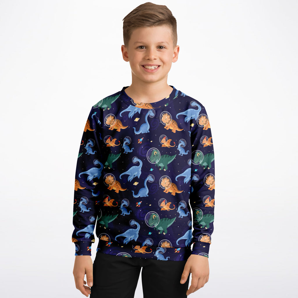 Navy blue kids space dinosaur sweatshirt with playful astronaut dinosaur print in cozy cotton fleece fabric