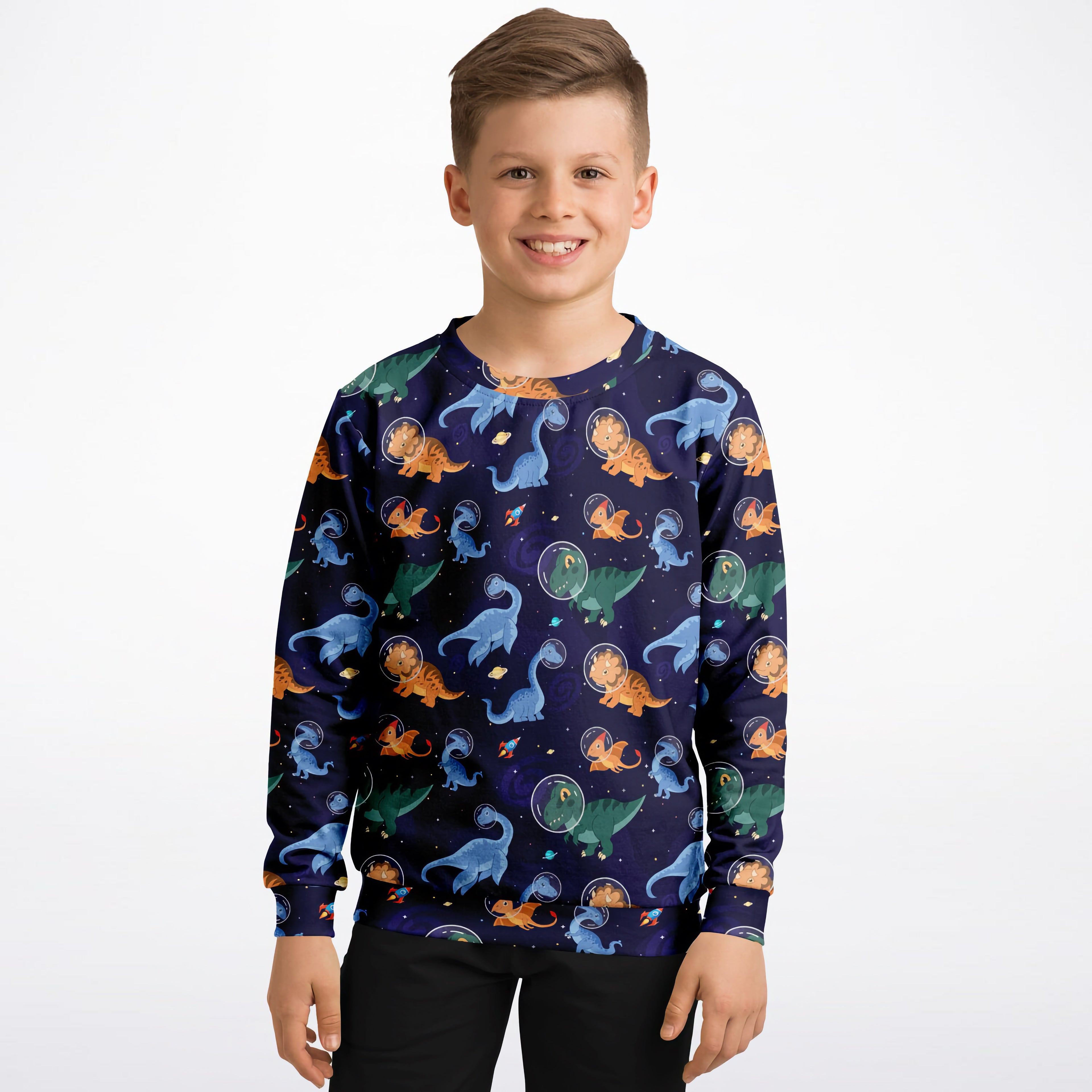 Navy blue kids space dinosaur sweatshirt with playful astronaut dinosaur print in cozy cotton fleece fabric