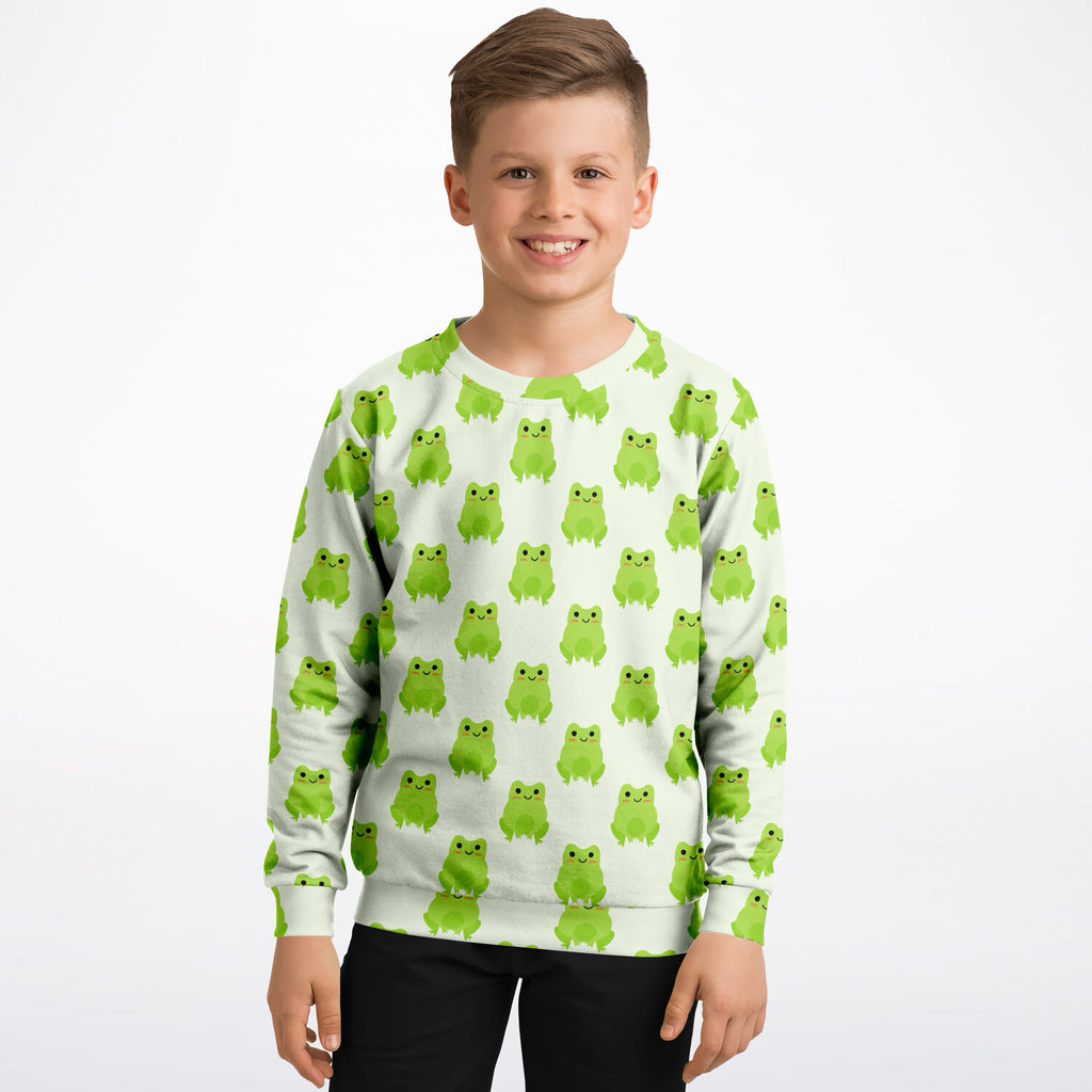 Kids green frog sweatshirt with soft cozy cotton fleece fabric and long sleeves for comfortable wear