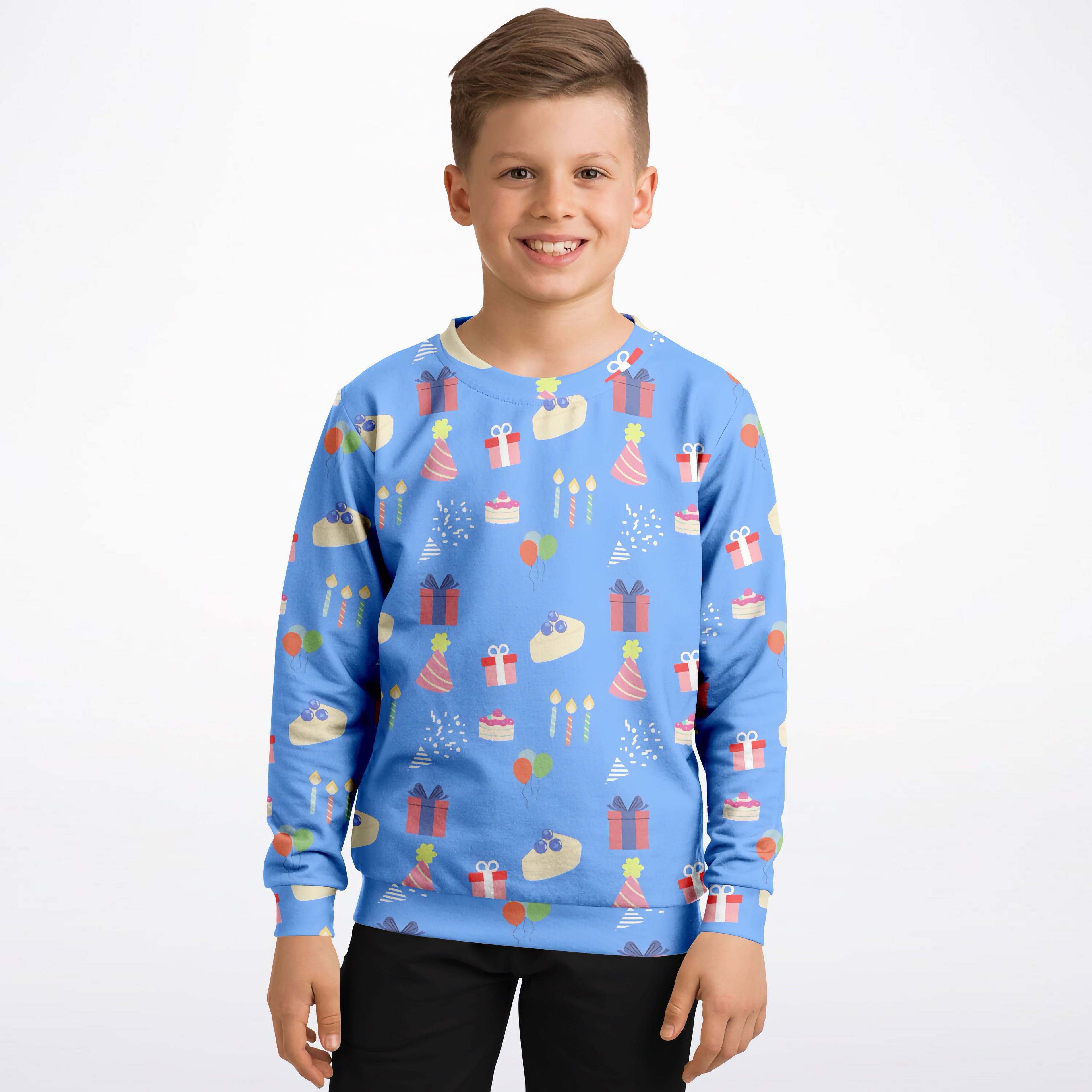 Kids blue birthday pattern sweatshirt with playful cakes gifts and party hats in cozy cotton fleece fabric